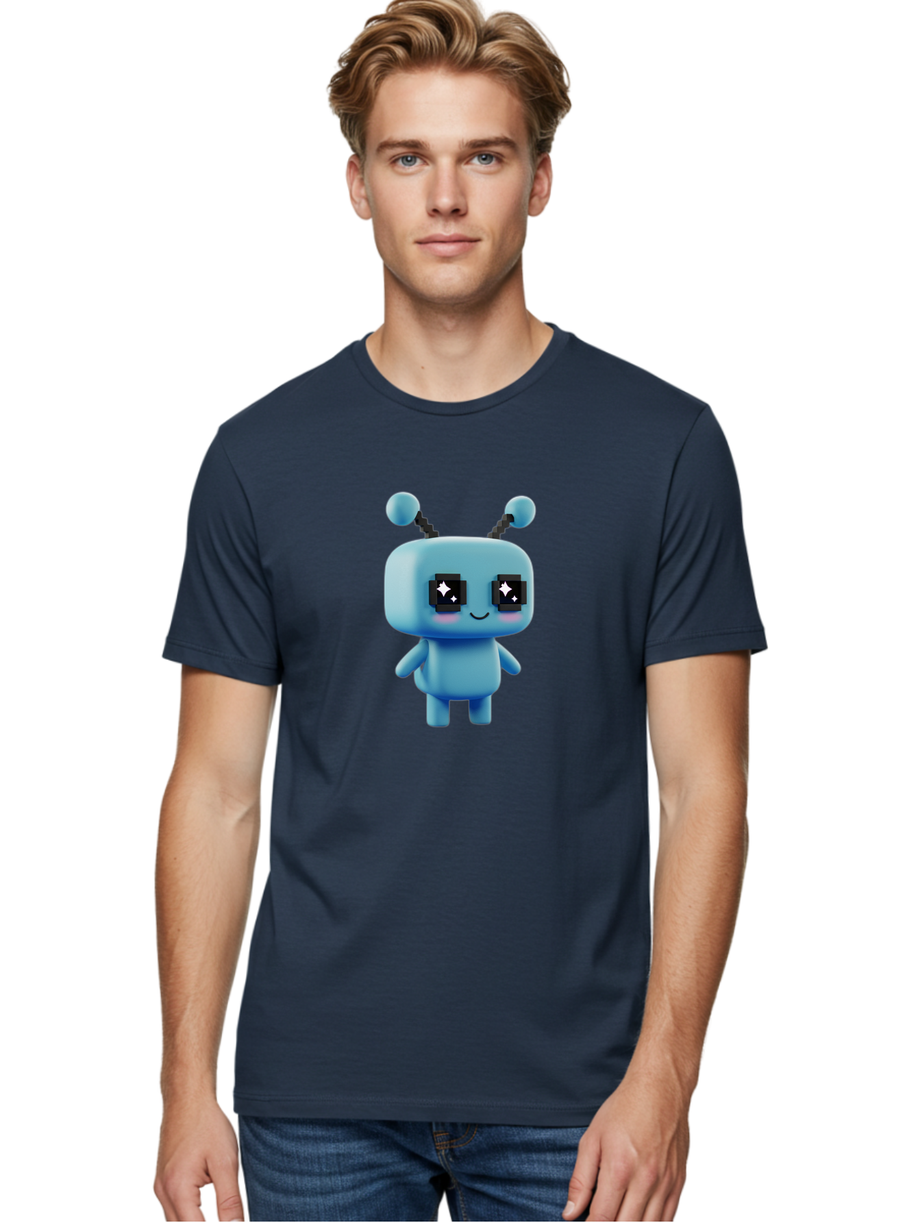 Blue-Robot Men'S Graphic Tee, 100% Cotton, Comfortable Casual Summer Wear, Machine Washable, Cartoon Robot, Digital Illustration, Blue Robot, Futuristic Character, Shiny Eyes, Friendly Demeanor, Cute Robot Design, Artificial Intelligence, Bab688