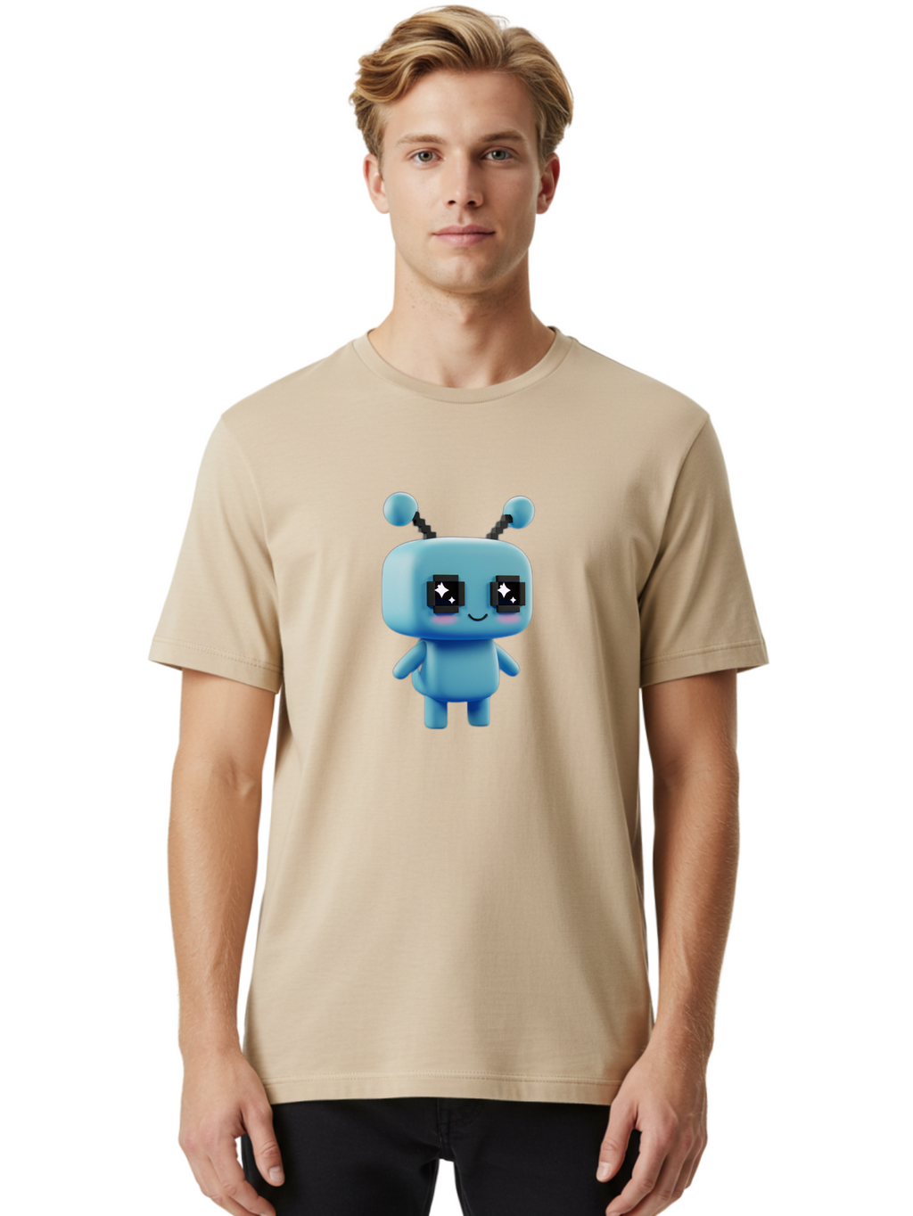 Blue-Robot Men'S Graphic Tee, 100% Cotton, Comfortable Casual Summer Wear, Machine Washable, Cartoon Robot, Digital Illustration, Blue Robot, Futuristic Character, Shiny Eyes, Friendly Demeanor, Cute Robot Design, Artificial Intelligence, Bab688