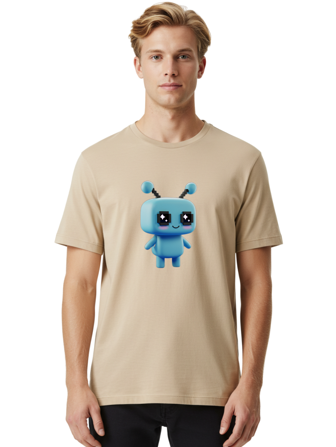 Blue-Robot Men'S Graphic Tee, 100% Cotton, Comfortable Casual Summer Wear, Machine Washable, Cartoon Robot, Digital Illustration, Blue Robot, Futuristic Character, Shiny Eyes, Friendly Demeanor, Cute Robot Design, Artificial Intelligence, Bab688