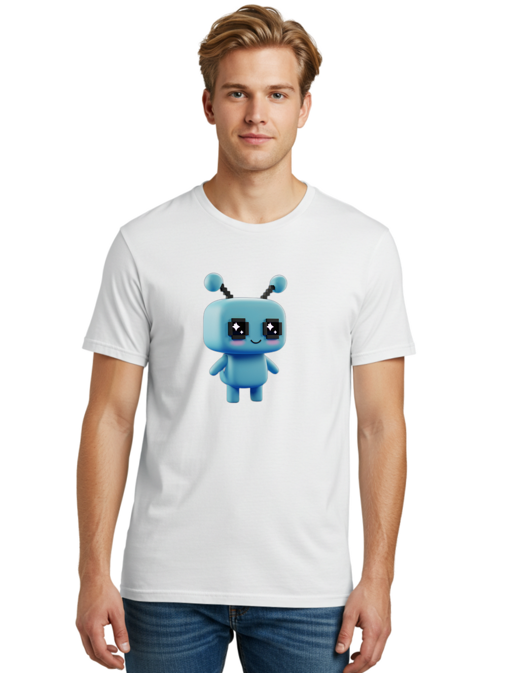 Blue-Robot Men'S Graphic Tee, 100% Cotton, Comfortable Casual Summer Wear, Machine Washable, Cartoon Robot, Digital Illustration, Blue Robot, Futuristic Character, Shiny Eyes, Friendly Demeanor, Cute Robot Design, Artificial Intelligence, Bab688