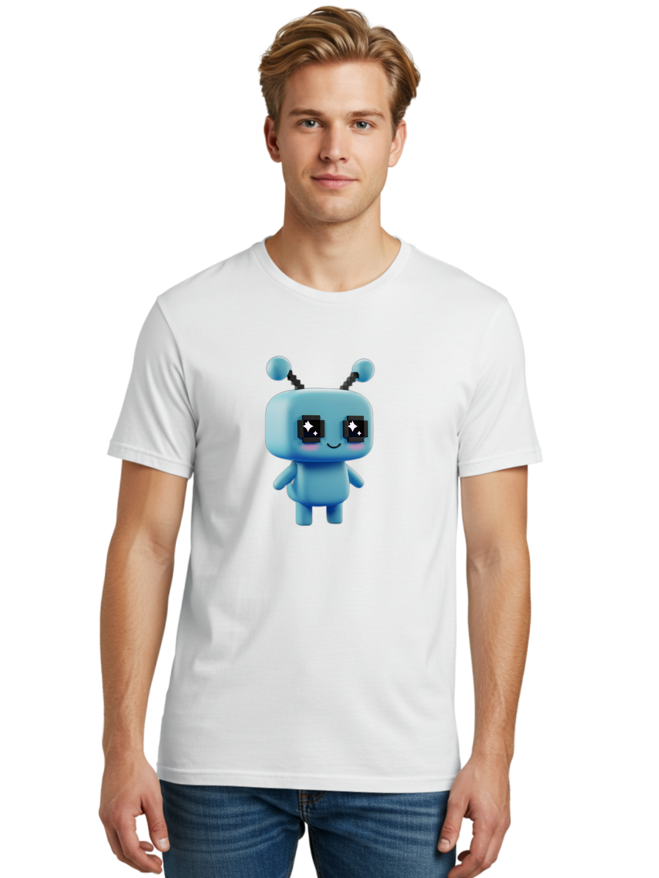 Blue-Robot Men'S Graphic Tee, 100% Cotton, Comfortable Casual Summer Wear, Machine Washable, Cartoon Robot, Digital Illustration, Blue Robot, Futuristic Character, Shiny Eyes, Friendly Demeanor, Cute Robot Design, Artificial Intelligence, Bab688