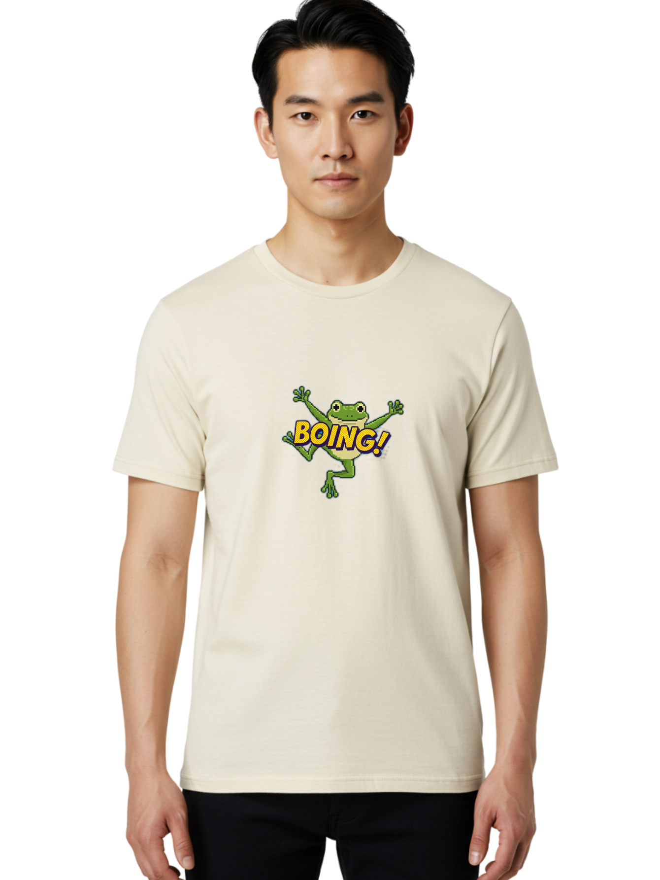 Boing-Frog-1 Men'S Graphic Tee, 100% Cotton, Comfortable Casual Summer Wear, Machine Washable, Funny Cartoon Frog, Playful Illustration, Cartoon Character, Comedic Graphic, Humorous Image, Entertaining Design, Boing! Text, Frog Jumping, Bab689