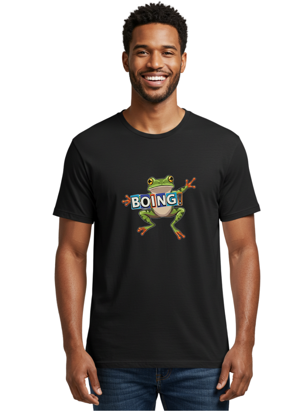 Boing-Frog-2 Men'S Graphic Tee, 100% Cotton, Comfortable Casual Summer Wear, Machine Washable, Cartoon Frog, Jumping Frog, Green Frog, Playful Animation, Comic Effect, Boing Text, Dynamic Pose, Fun Graphics, Energetic Vibe, Comic Strip Style Bab690
