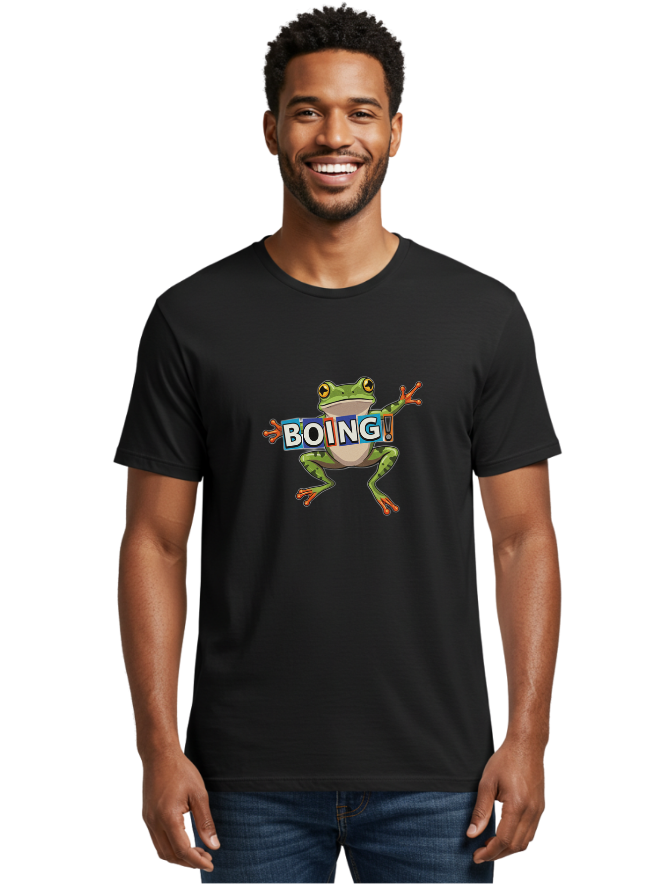 Boing-Frog-2 Men'S Graphic Tee, 100% Cotton, Comfortable Casual Summer Wear, Machine Washable, Cartoon Frog, Jumping Frog, Green Frog, Playful Animation, Comic Effect, Boing Text, Dynamic Pose, Fun Graphics, Energetic Vibe, Comic Strip Style Bab690