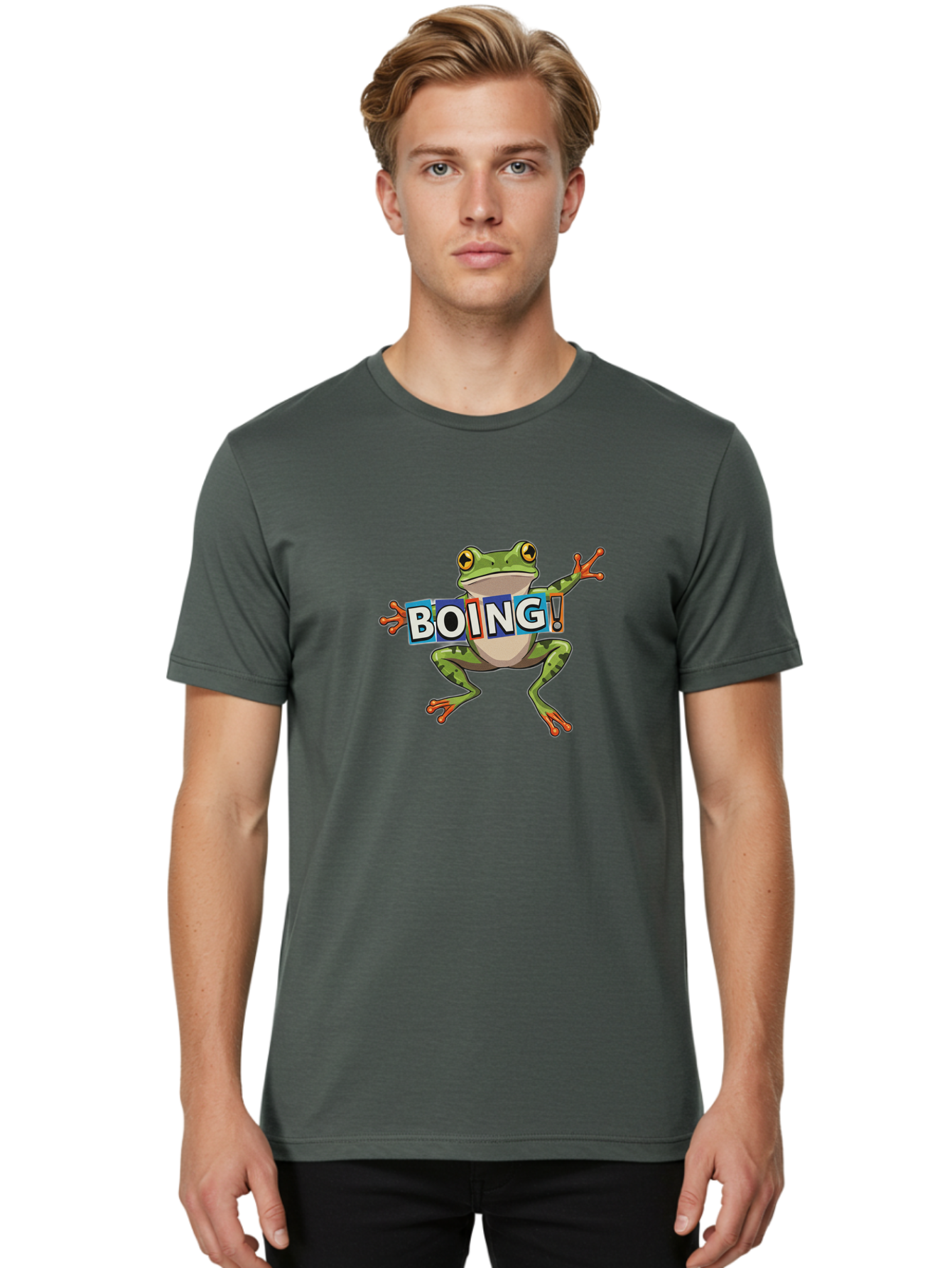 Boing-Frog-2 Men'S Graphic Tee, 100% Cotton, Comfortable Casual Summer Wear, Machine Washable, Cartoon Frog, Jumping Frog, Green Frog, Playful Animation, Comic Effect, Boing Text, Dynamic Pose, Fun Graphics, Energetic Vibe, Comic Strip Style Bab690