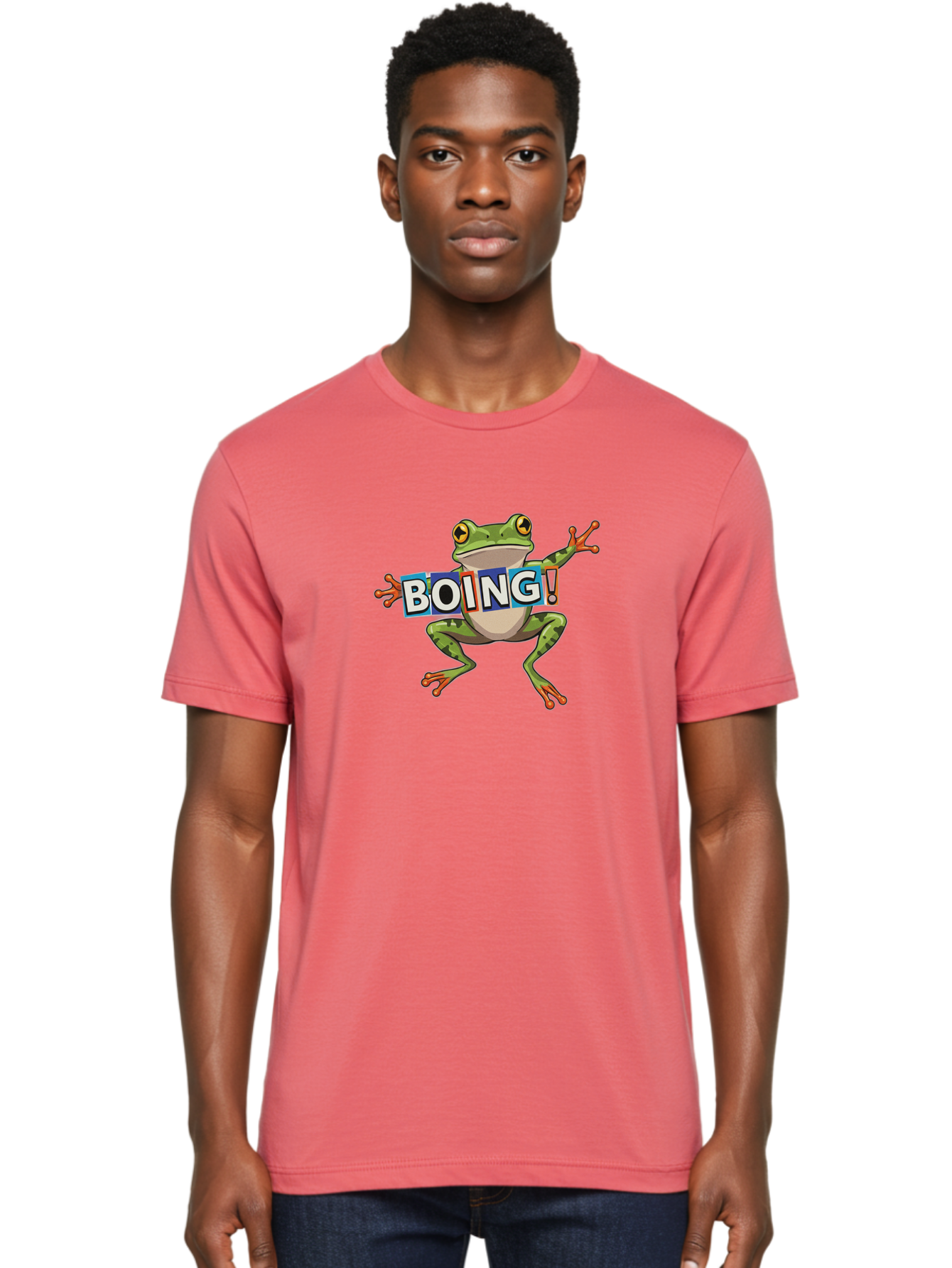 Boing-Frog-2 Men'S Graphic Tee, 100% Cotton, Comfortable Casual Summer Wear, Machine Washable, Cartoon Frog, Jumping Frog, Green Frog, Playful Animation, Comic Effect, Boing Text, Dynamic Pose, Fun Graphics, Energetic Vibe, Comic Strip Style Bab690