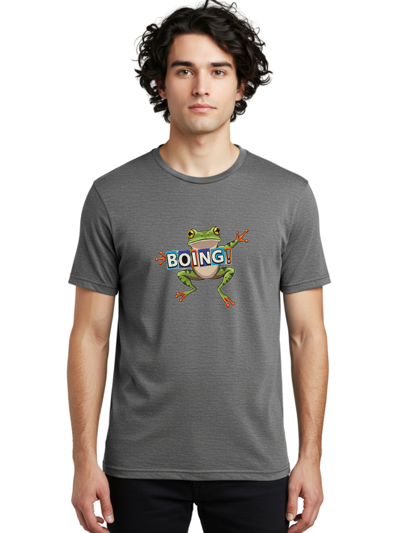 Boing-Frog-2 Men'S Graphic Tee, 100% Cotton, Comfortable Casual Summer Wear, Machine Washable, Cartoon Frog, Jumping Frog, Green Frog, Playful Animation, Comic Effect, Boing Text, Dynamic Pose, Fun Graphics, Energetic Vibe, Comic Strip Style Bab690
