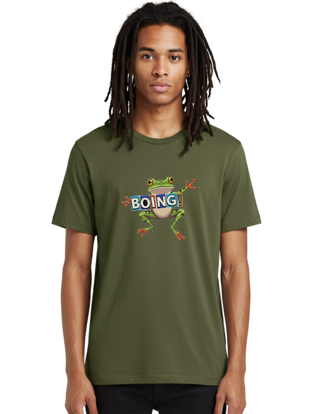 Boing-Frog-2 Men'S Graphic Tee, 100% Cotton, Comfortable Casual Summer Wear, Machine Washable, Cartoon Frog, Jumping Frog, Green Frog, Playful Animation, Comic Effect, Boing Text, Dynamic Pose, Fun Graphics, Energetic Vibe, Comic Strip Style Bab690