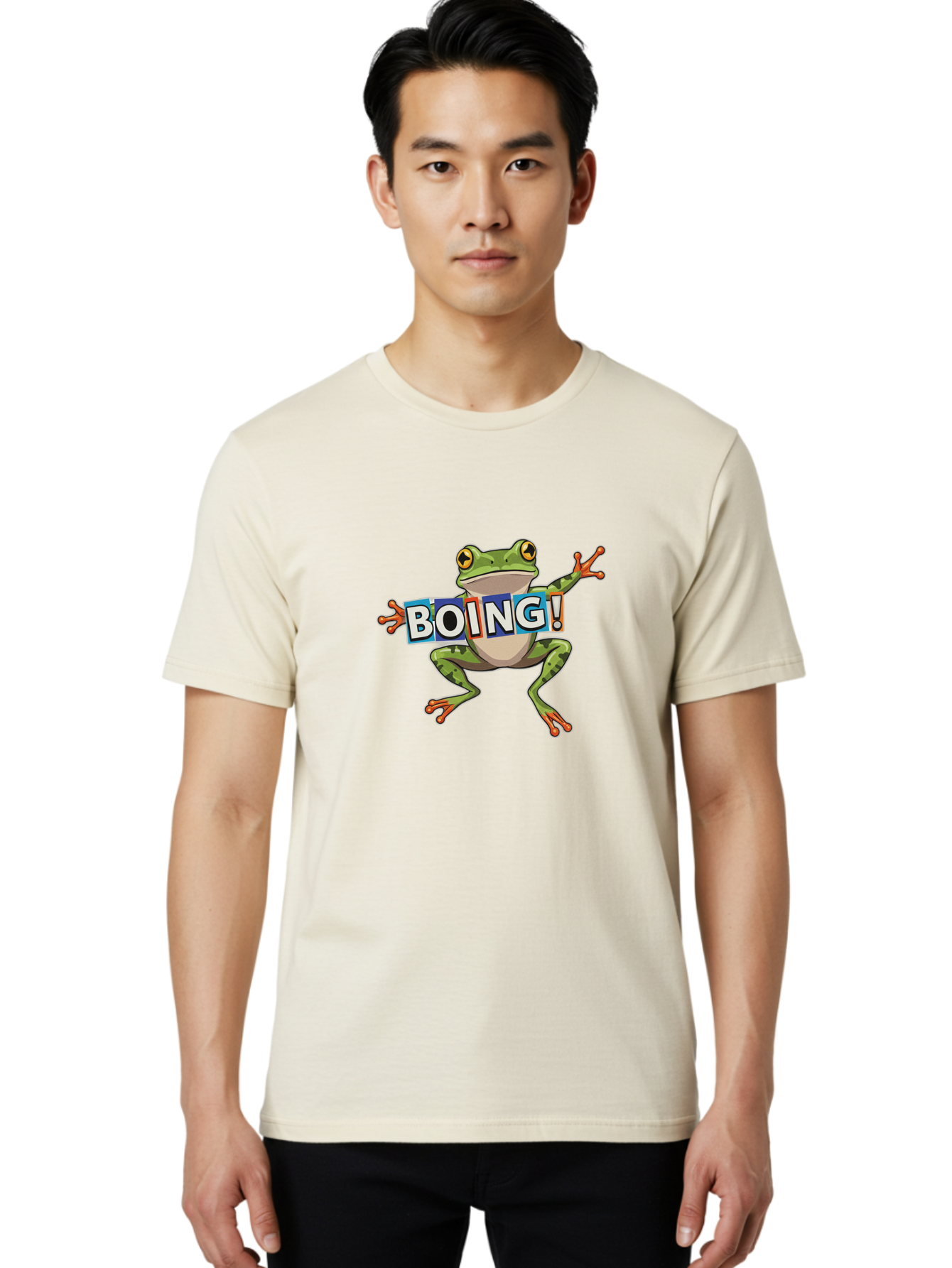 Boing-Frog-2 Men'S Graphic Tee, 100% Cotton, Comfortable Casual Summer Wear, Machine Washable, Cartoon Frog, Jumping Frog, Green Frog, Playful Animation, Comic Effect, Boing Text, Dynamic Pose, Fun Graphics, Energetic Vibe, Comic Strip Style Bab690