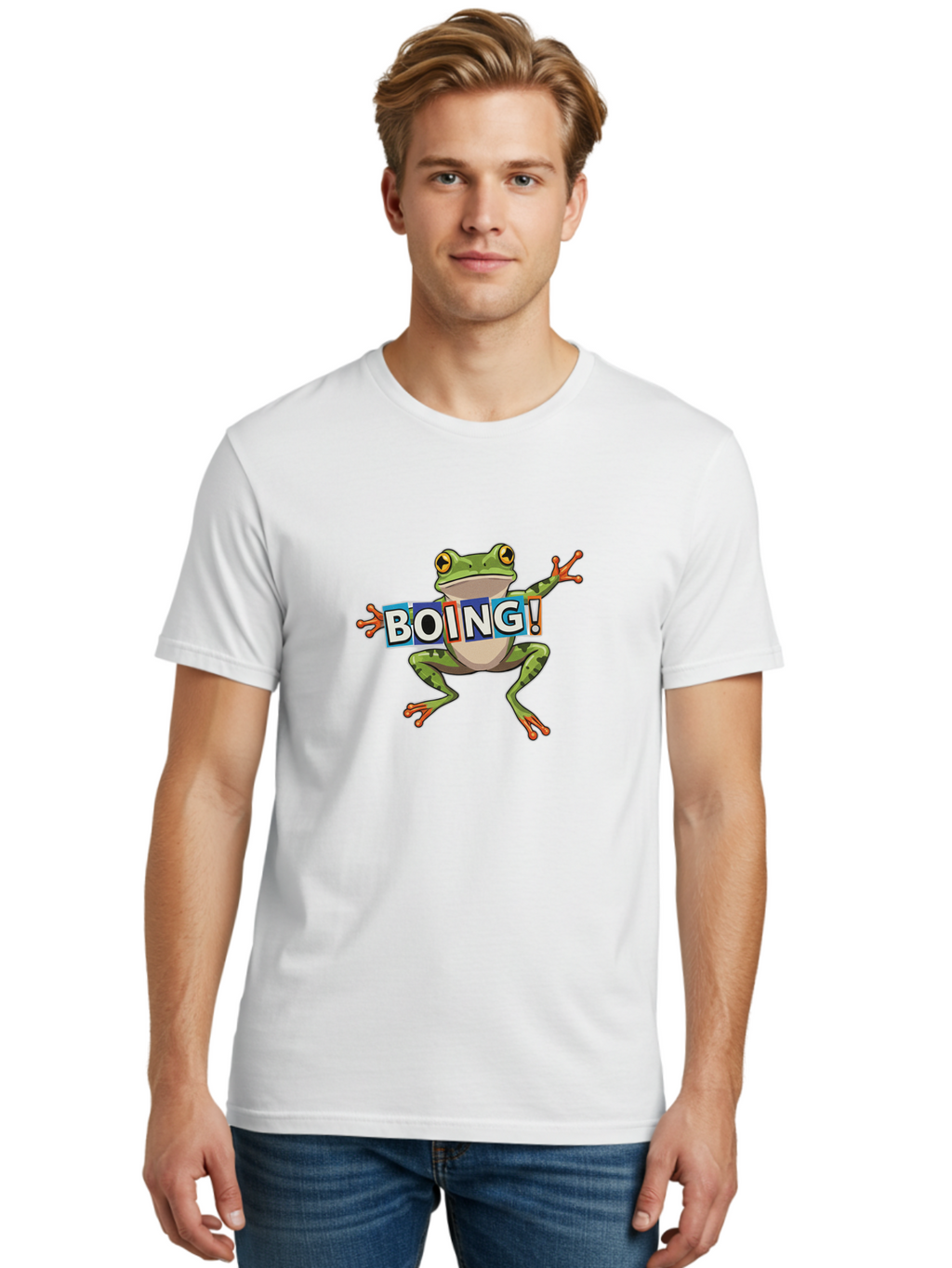 Boing-Frog-2 Men'S Graphic Tee, 100% Cotton, Comfortable Casual Summer Wear, Machine Washable, Cartoon Frog, Jumping Frog, Green Frog, Playful Animation, Comic Effect, Boing Text, Dynamic Pose, Fun Graphics, Energetic Vibe, Comic Strip Style Bab690