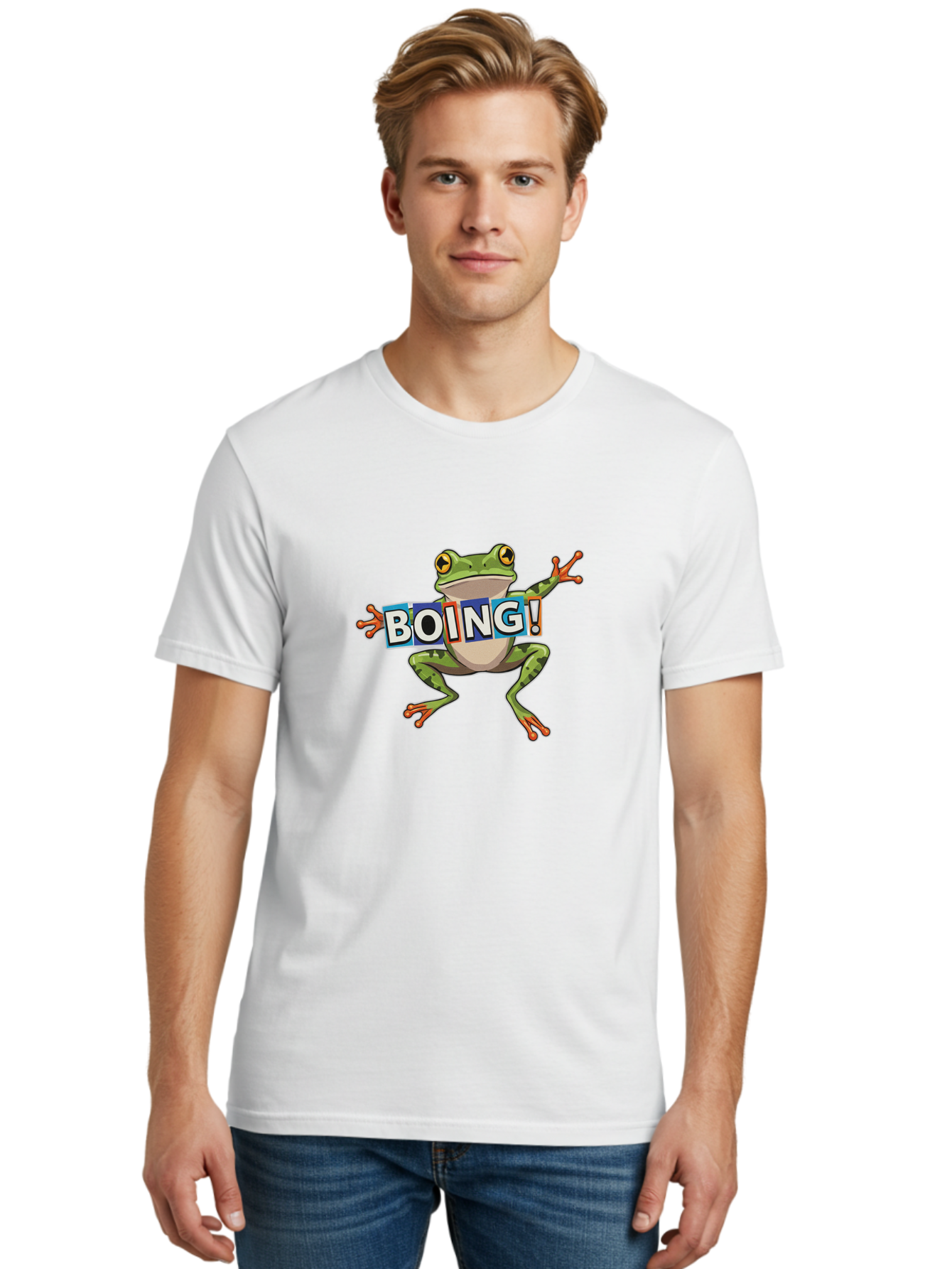 Boing-Frog-2 Men'S Graphic Tee, 100% Cotton, Comfortable Casual Summer Wear, Machine Washable, Cartoon Frog, Jumping Frog, Green Frog, Playful Animation, Comic Effect, Boing Text, Dynamic Pose, Fun Graphics, Energetic Vibe, Comic Strip Style Bab690