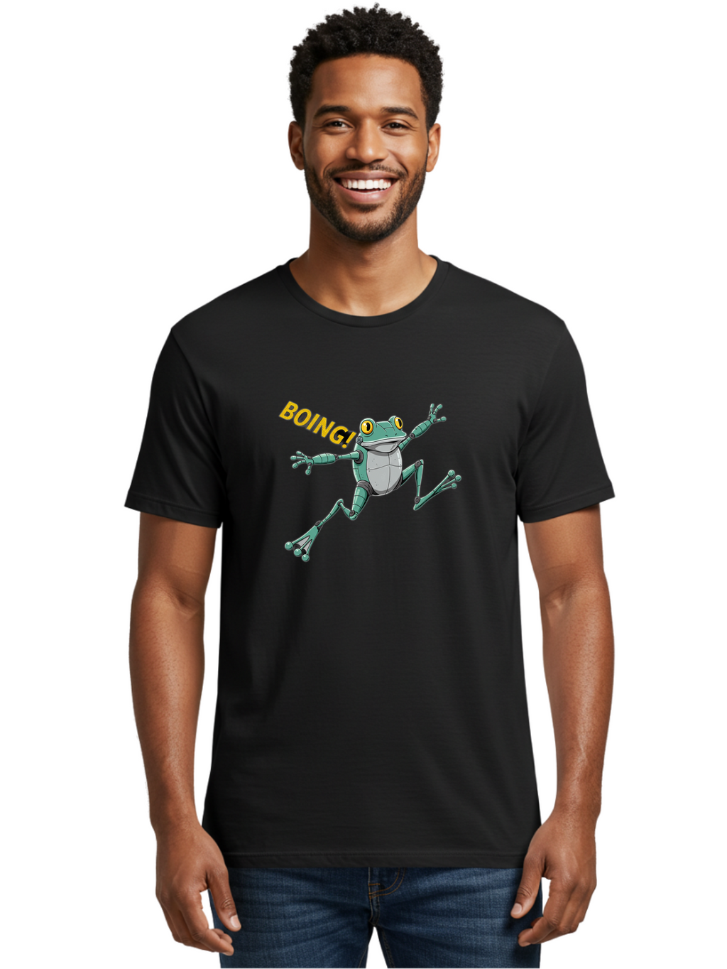 Boing-Frog-3 Men'S Graphic Tee, 100% Cotton, Comfortable Casual Summer Wear, Machine Washable, Cartoon Frog, Funny Animal, Playful Amphibian, Yellow Eyes, Jumping Motion, Comic Effect, Boing Text, Playful Vibe, Cartoon Character, Bab691