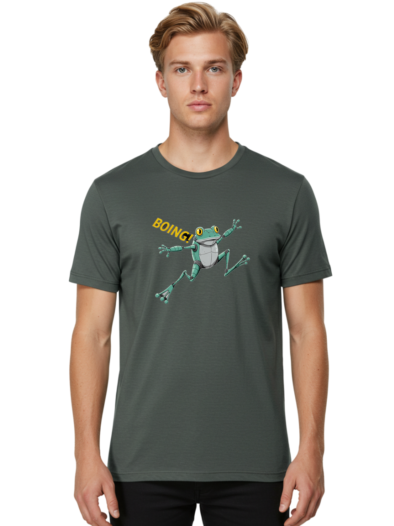 Boing-Frog-3 Men'S Graphic Tee, 100% Cotton, Comfortable Casual Summer Wear, Machine Washable, Cartoon Frog, Funny Animal, Playful Amphibian, Yellow Eyes, Jumping Motion, Comic Effect, Boing Text, Playful Vibe, Cartoon Character, Bab691