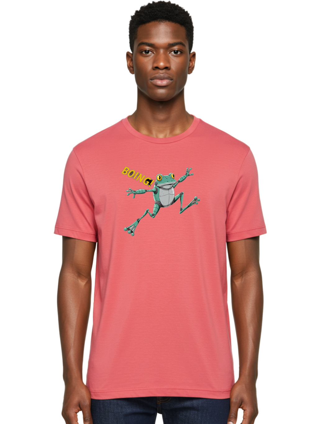 Boing-Frog-3 Men'S Graphic Tee, 100% Cotton, Comfortable Casual Summer Wear, Machine Washable, Cartoon Frog, Funny Animal, Playful Amphibian, Yellow Eyes, Jumping Motion, Comic Effect, Boing Text, Playful Vibe, Cartoon Character, Bab691