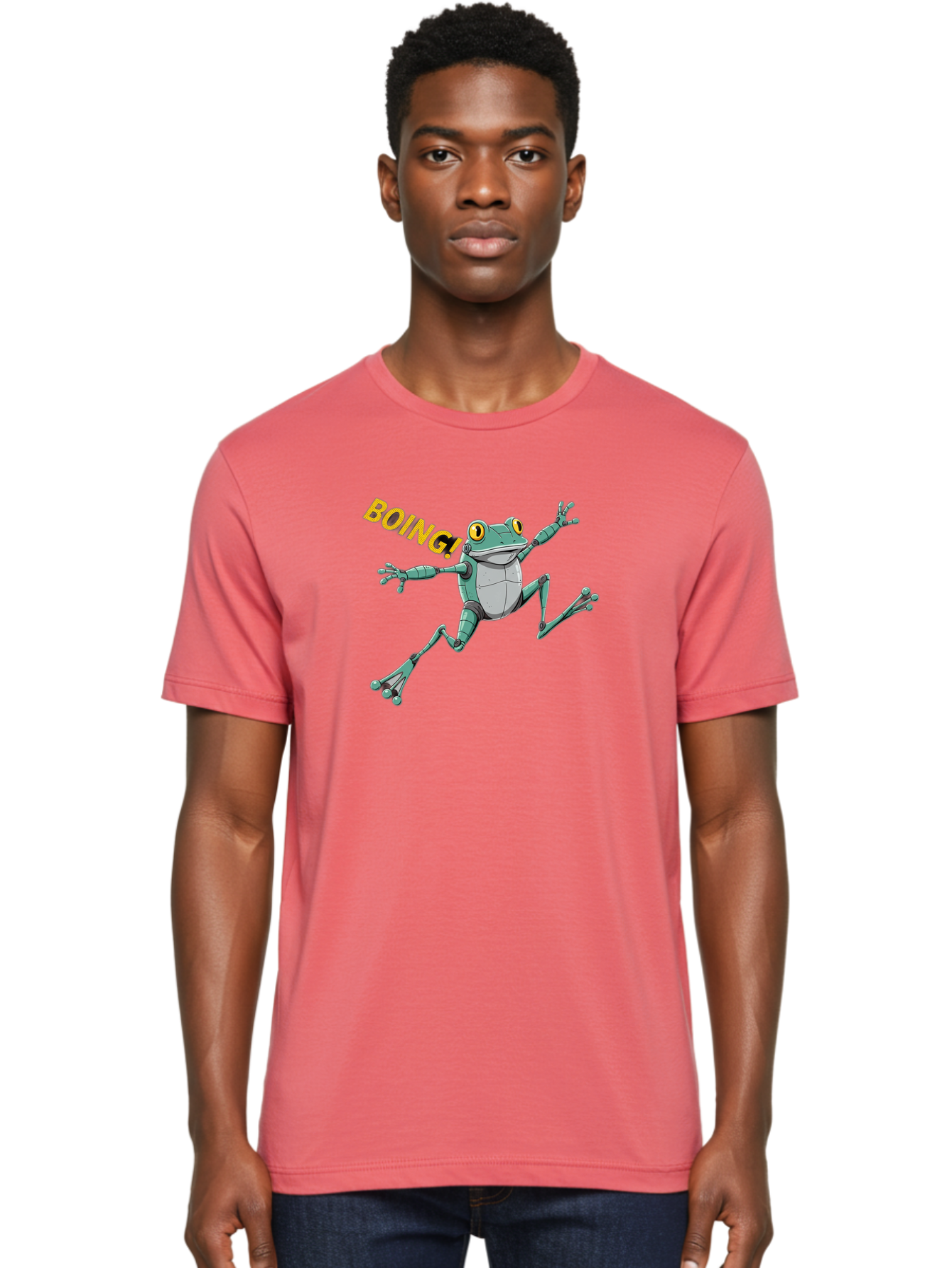 Boing-Frog-3 Men'S Graphic Tee, 100% Cotton, Comfortable Casual Summer Wear, Machine Washable, Cartoon Frog, Funny Animal, Playful Amphibian, Yellow Eyes, Jumping Motion, Comic Effect, Boing Text, Playful Vibe, Cartoon Character, Bab691