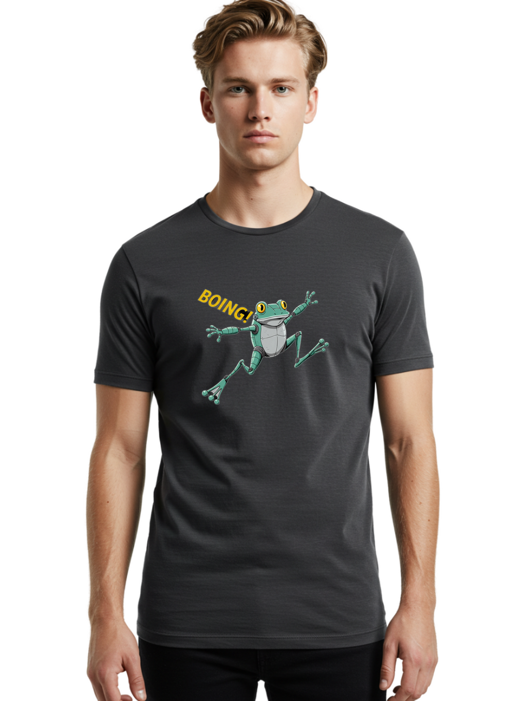 Boing-Frog-3 Men'S Graphic Tee, 100% Cotton, Comfortable Casual Summer Wear, Machine Washable, Cartoon Frog, Funny Animal, Playful Amphibian, Yellow Eyes, Jumping Motion, Comic Effect, Boing Text, Playful Vibe, Cartoon Character, Bab691