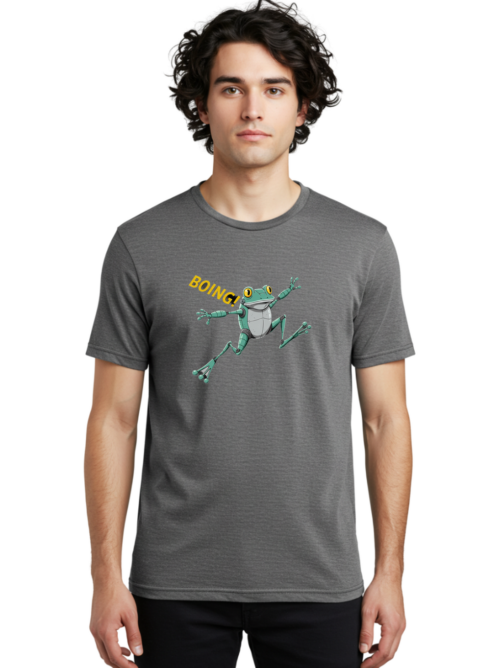 Boing-Frog-3 Men'S Graphic Tee, 100% Cotton, Comfortable Casual Summer Wear, Machine Washable, Cartoon Frog, Funny Animal, Playful Amphibian, Yellow Eyes, Jumping Motion, Comic Effect, Boing Text, Playful Vibe, Cartoon Character, Bab691