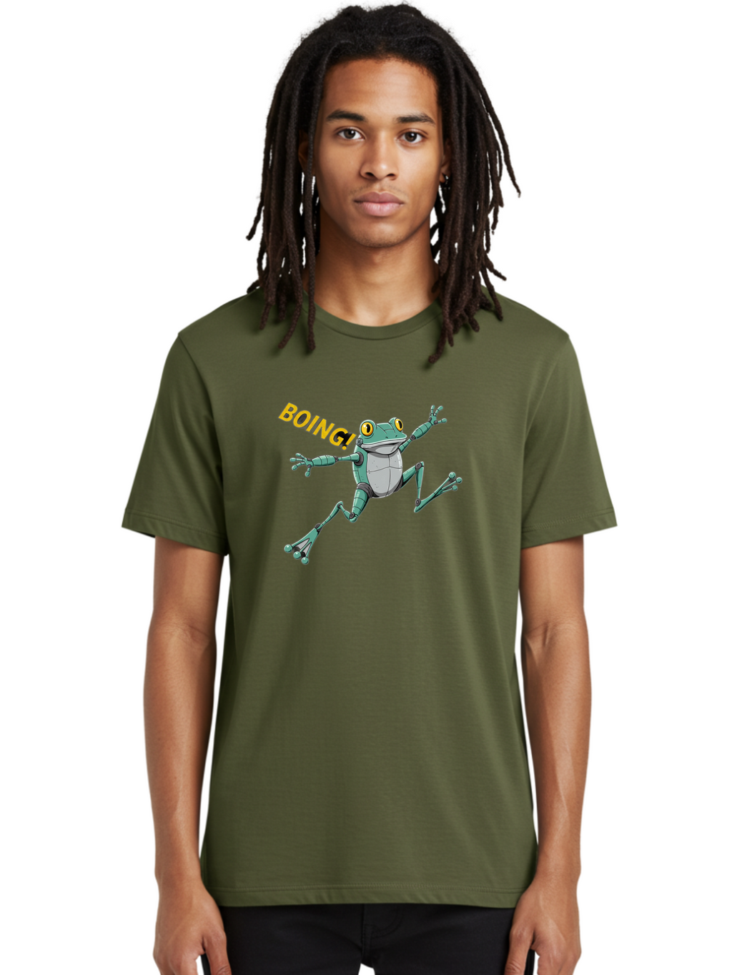 Boing-Frog-3 Men'S Graphic Tee, 100% Cotton, Comfortable Casual Summer Wear, Machine Washable, Cartoon Frog, Funny Animal, Playful Amphibian, Yellow Eyes, Jumping Motion, Comic Effect, Boing Text, Playful Vibe, Cartoon Character, Bab691