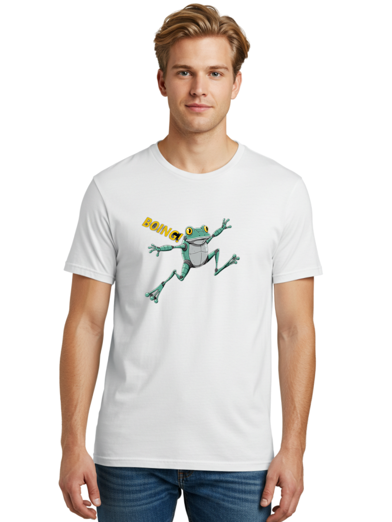 Boing-Frog-3 Men'S Graphic Tee, 100% Cotton, Comfortable Casual Summer Wear, Machine Washable, Cartoon Frog, Funny Animal, Playful Amphibian, Yellow Eyes, Jumping Motion, Comic Effect, Boing Text, Playful Vibe, Cartoon Character, Bab691