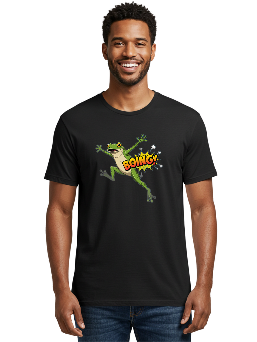 Boing-Frog Men'S Graphic Tee, 100% Cotton, Comfortable Casual Summer Wear, Machine Washable, Cartoon Frog Jumping, Comedic Relief, Humorous Illustration, Action Comic Style, Funny Amphibian, Playful Graphics, Boing! Text Effect, Dynamic Pose Bab692