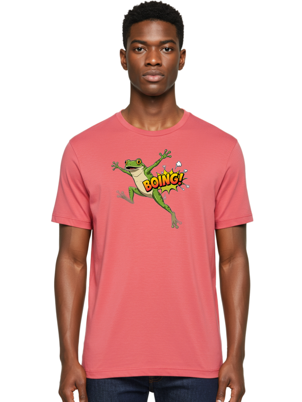 Boing-Frog Men'S Graphic Tee, 100% Cotton, Comfortable Casual Summer Wear, Machine Washable, Cartoon Frog Jumping, Comedic Relief, Humorous Illustration, Action Comic Style, Funny Amphibian, Playful Graphics, Boing! Text Effect, Dynamic Pose Bab692