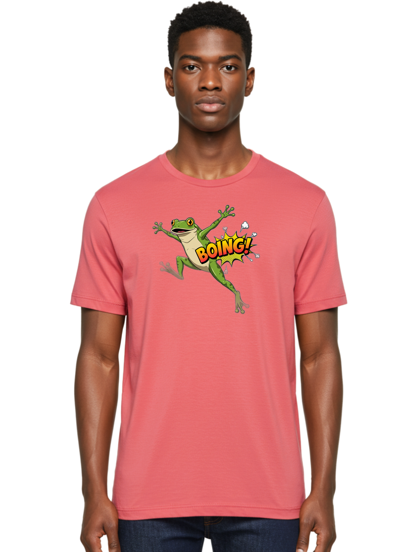 Boing-Frog Men'S Graphic Tee, 100% Cotton, Comfortable Casual Summer Wear, Machine Washable, Cartoon Frog Jumping, Comedic Relief, Humorous Illustration, Action Comic Style, Funny Amphibian, Playful Graphics, Boing! Text Effect, Dynamic Pose Bab692