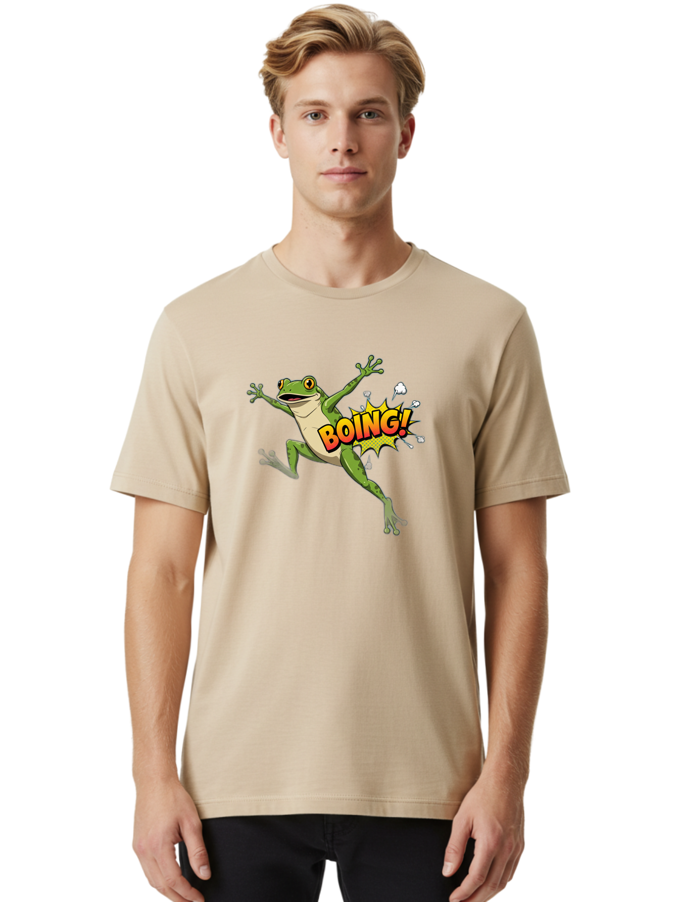 Boing-Frog Men'S Graphic Tee, 100% Cotton, Comfortable Casual Summer Wear, Machine Washable, Cartoon Frog Jumping, Comedic Relief, Humorous Illustration, Action Comic Style, Funny Amphibian, Playful Graphics, Boing! Text Effect, Dynamic Pose Bab692
