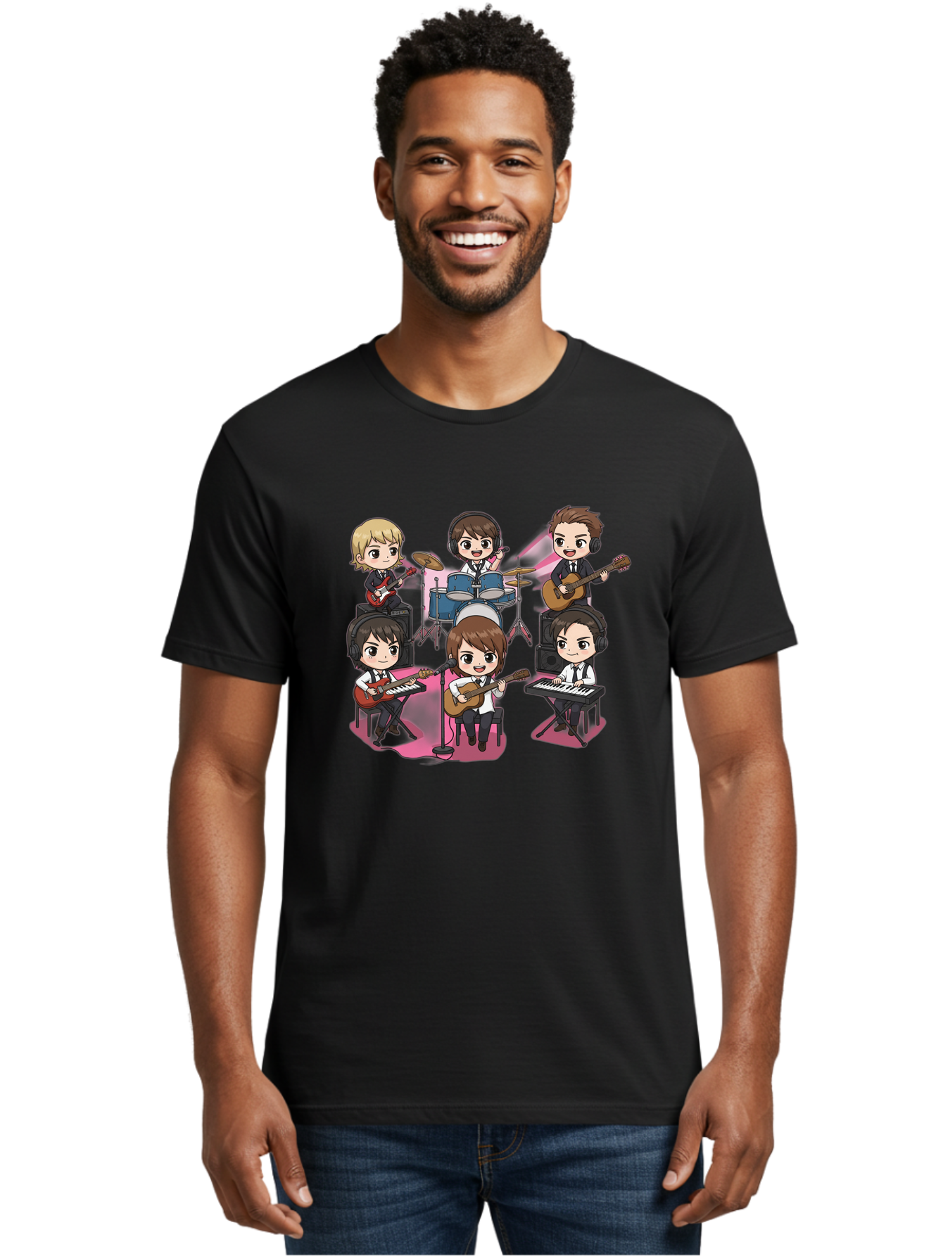 Bts-Band Men'S Graphic Tee, 100% Cotton, Comfortable Casual Summer Wear, Machine Washable, Cartoon Band, Beatles Style, Musical Instruments, Guitar Players, Drummer, Keyboardist, Chibi Art, Pop Culture, Music Icons, Nostalgic Feel, Bab695