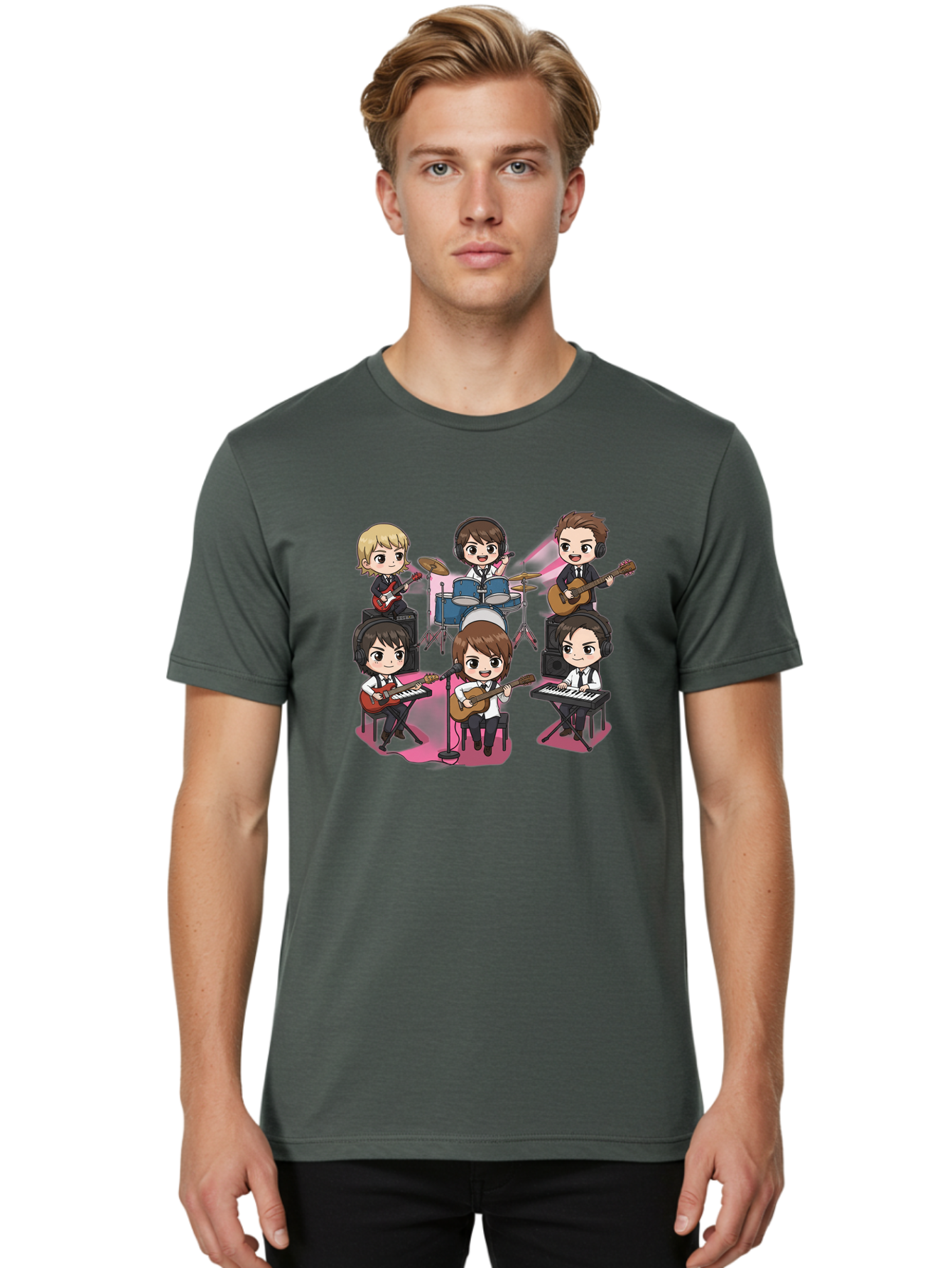 Bts-Band Men'S Graphic Tee, 100% Cotton, Comfortable Casual Summer Wear, Machine Washable, Cartoon Band, Beatles Style, Musical Instruments, Guitar Players, Drummer, Keyboardist, Chibi Art, Pop Culture, Music Icons, Nostalgic Feel, Bab695