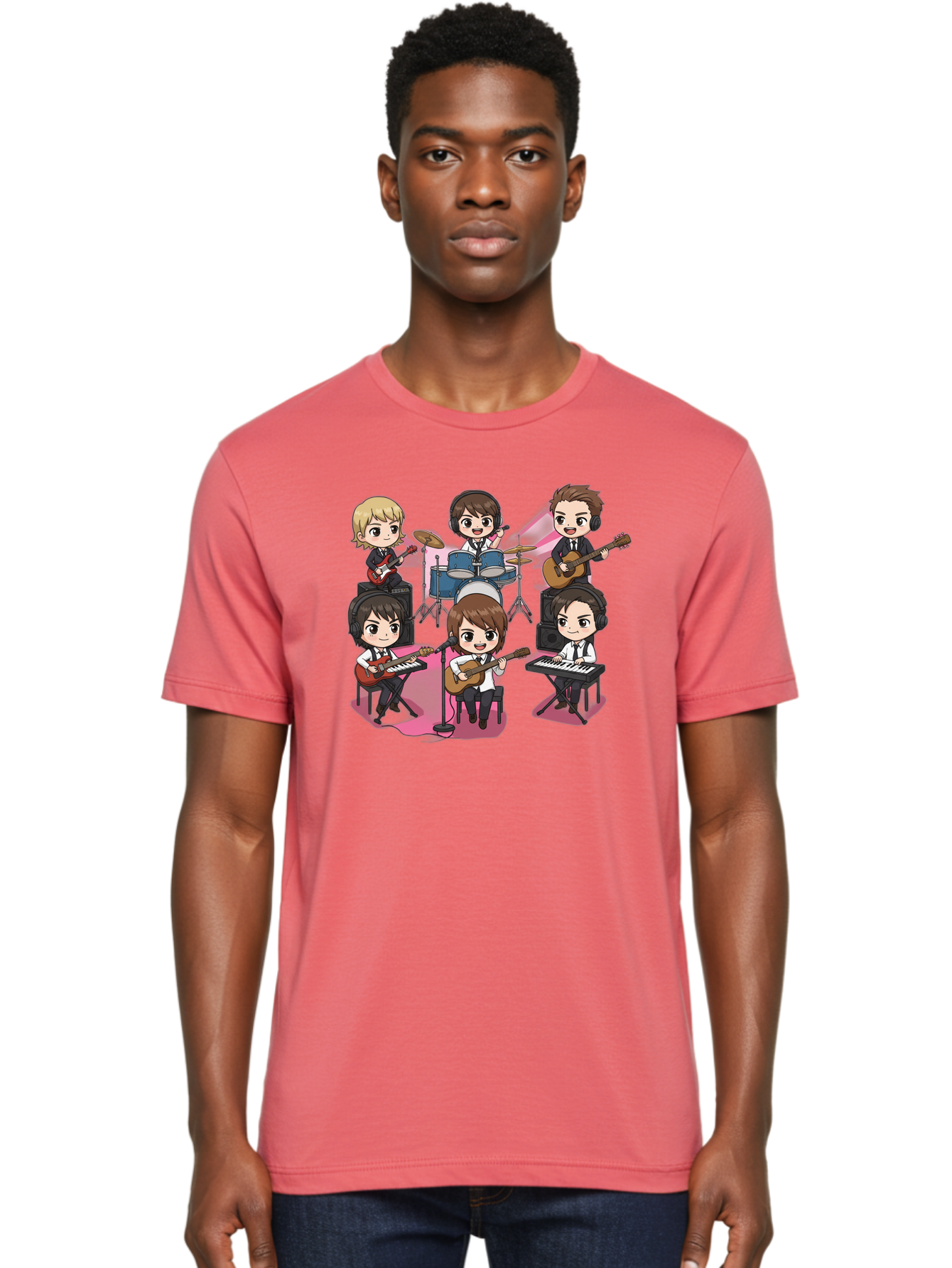 Bts-Band Men'S Graphic Tee, 100% Cotton, Comfortable Casual Summer Wear, Machine Washable, Cartoon Band, Beatles Style, Musical Instruments, Guitar Players, Drummer, Keyboardist, Chibi Art, Pop Culture, Music Icons, Nostalgic Feel, Bab695