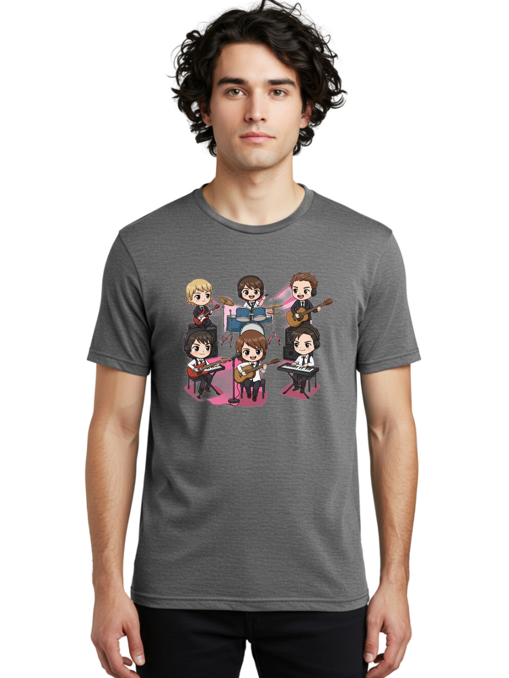 Bts-Band Men'S Graphic Tee, 100% Cotton, Comfortable Casual Summer Wear, Machine Washable, Cartoon Band, Beatles Style, Musical Instruments, Guitar Players, Drummer, Keyboardist, Chibi Art, Pop Culture, Music Icons, Nostalgic Feel, Bab695