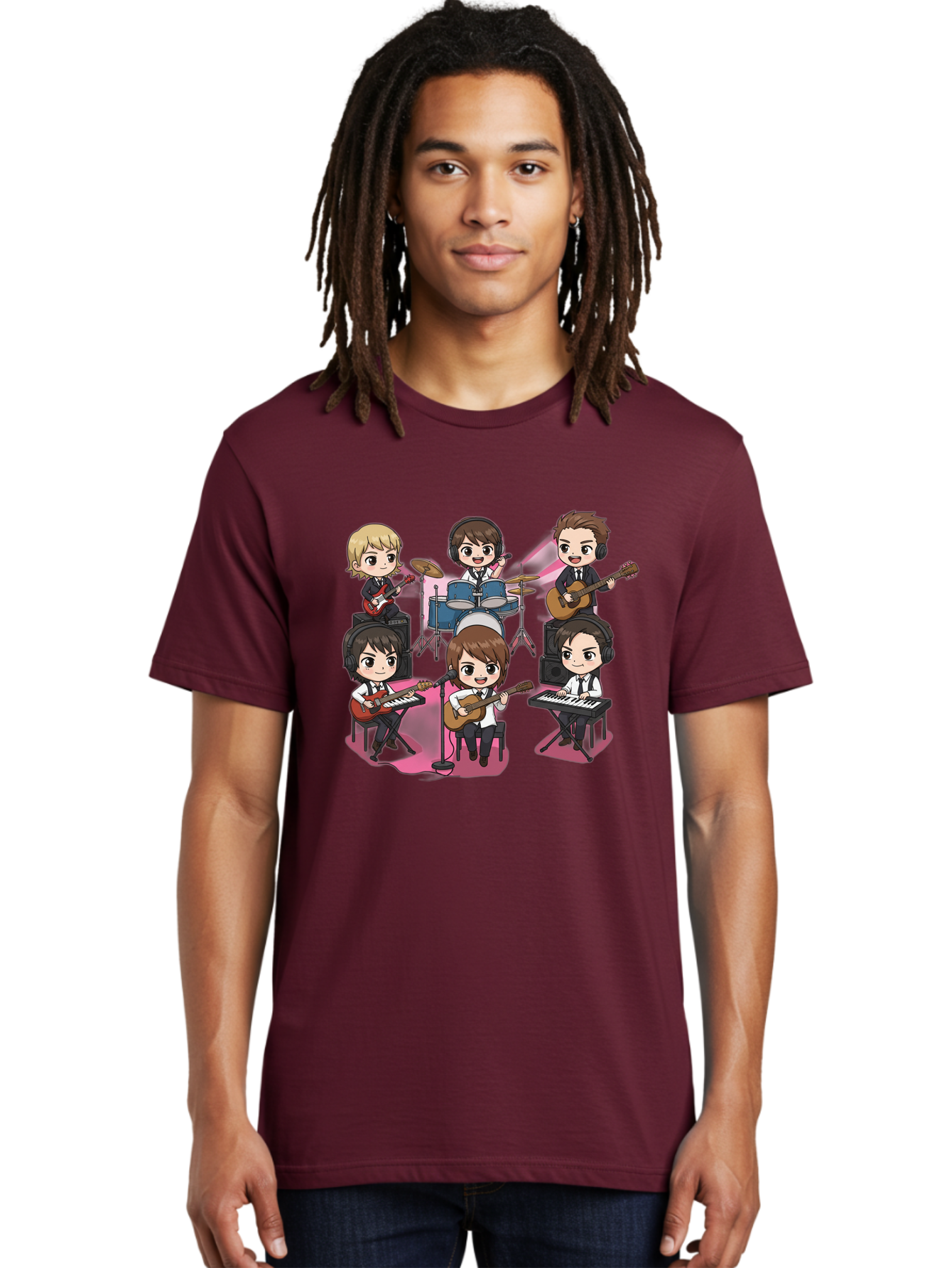 Bts-Band Men'S Graphic Tee, 100% Cotton, Comfortable Casual Summer Wear, Machine Washable, Cartoon Band, Beatles Style, Musical Instruments, Guitar Players, Drummer, Keyboardist, Chibi Art, Pop Culture, Music Icons, Nostalgic Feel, Bab695