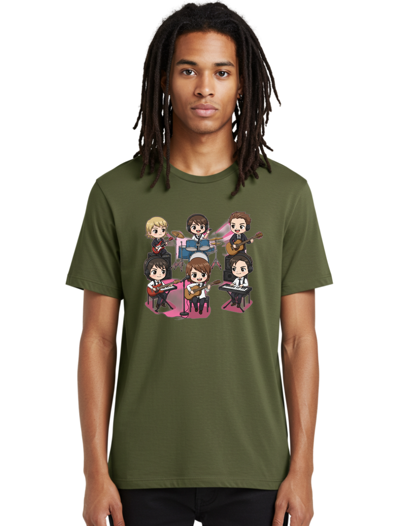 Bts-Band Men'S Graphic Tee, 100% Cotton, Comfortable Casual Summer Wear, Machine Washable, Cartoon Band, Beatles Style, Musical Instruments, Guitar Players, Drummer, Keyboardist, Chibi Art, Pop Culture, Music Icons, Nostalgic Feel, Bab695