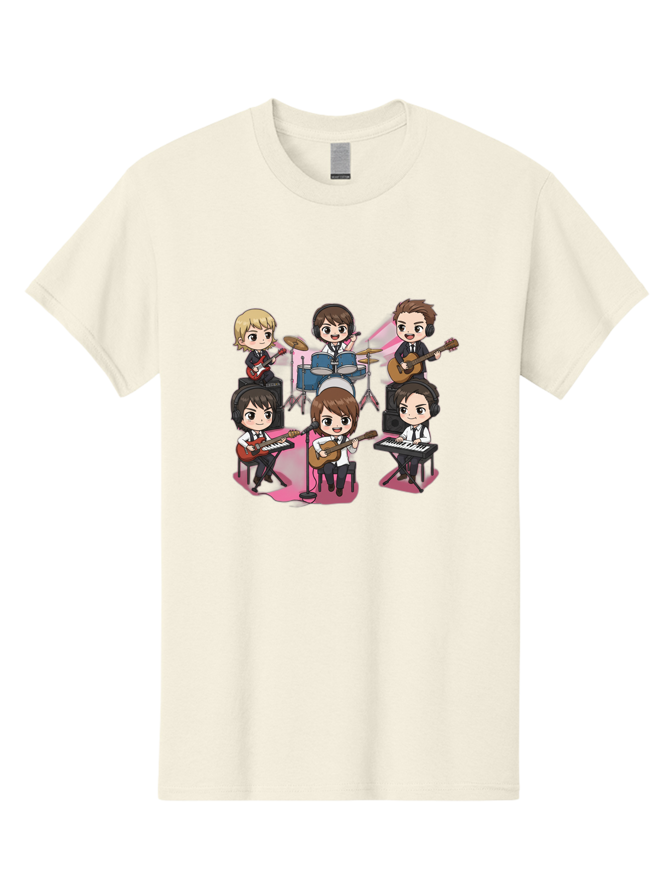 Bts-Band Men'S Graphic Tee, 100% Cotton, Comfortable Casual Summer Wear, Machine Washable, Cartoon Band, Beatles Style, Musical Instruments, Guitar Players, Drummer, Keyboardist, Chibi Art, Pop Culture, Music Icons, Nostalgic Feel, Bab695