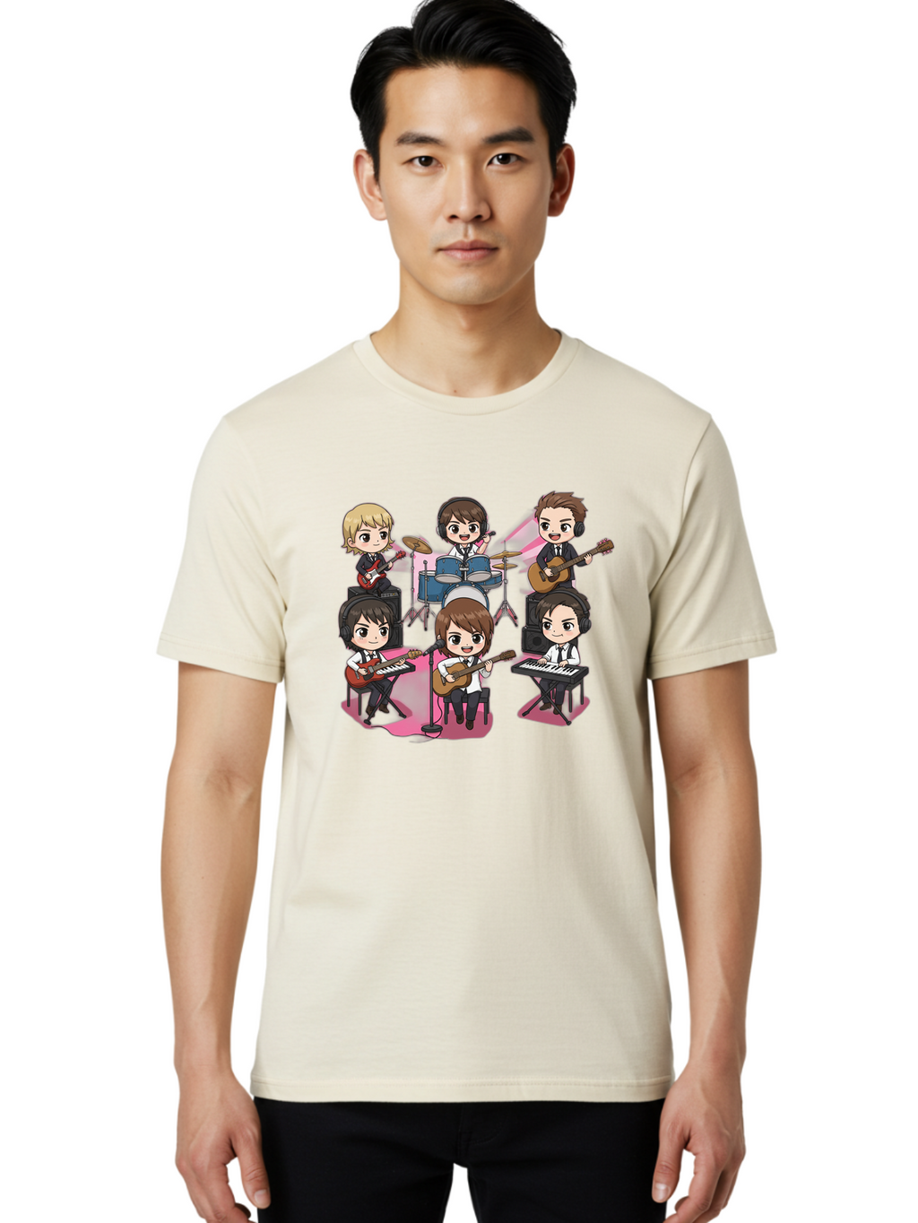 Bts-Band Men'S Graphic Tee, 100% Cotton, Comfortable Casual Summer Wear, Machine Washable, Cartoon Band, Beatles Style, Musical Instruments, Guitar Players, Drummer, Keyboardist, Chibi Art, Pop Culture, Music Icons, Nostalgic Feel, Bab695