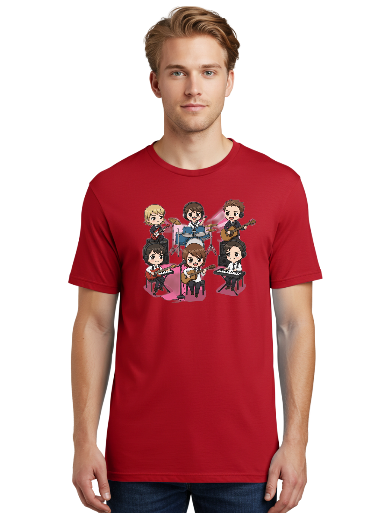Bts-Band Men'S Graphic Tee, 100% Cotton, Comfortable Casual Summer Wear, Machine Washable, Cartoon Band, Beatles Style, Musical Instruments, Guitar Players, Drummer, Keyboardist, Chibi Art, Pop Culture, Music Icons, Nostalgic Feel, Bab695