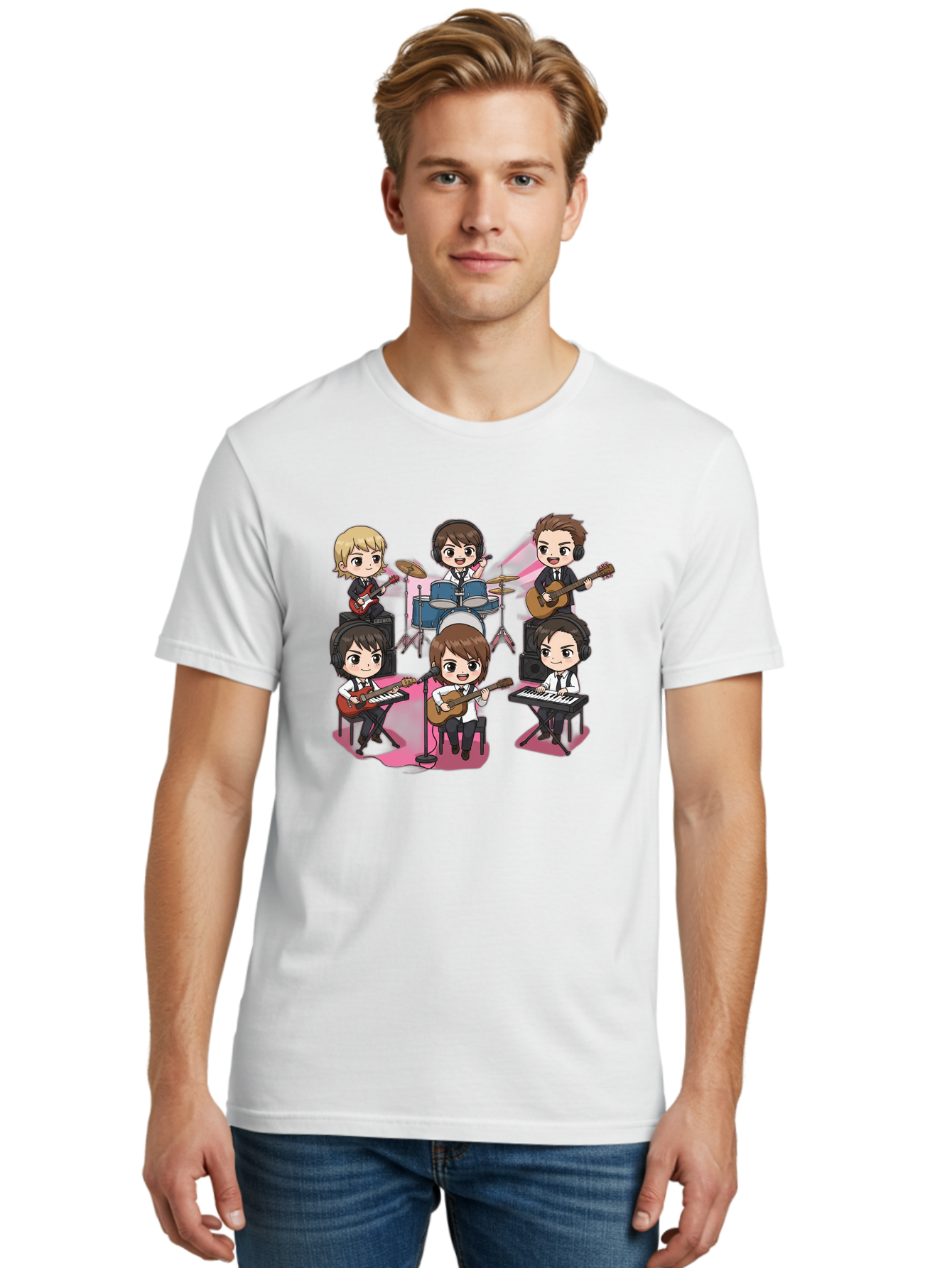 Bts-Band Men'S Graphic Tee, 100% Cotton, Comfortable Casual Summer Wear, Machine Washable, Cartoon Band, Beatles Style, Musical Instruments, Guitar Players, Drummer, Keyboardist, Chibi Art, Pop Culture, Music Icons, Nostalgic Feel, Bab695