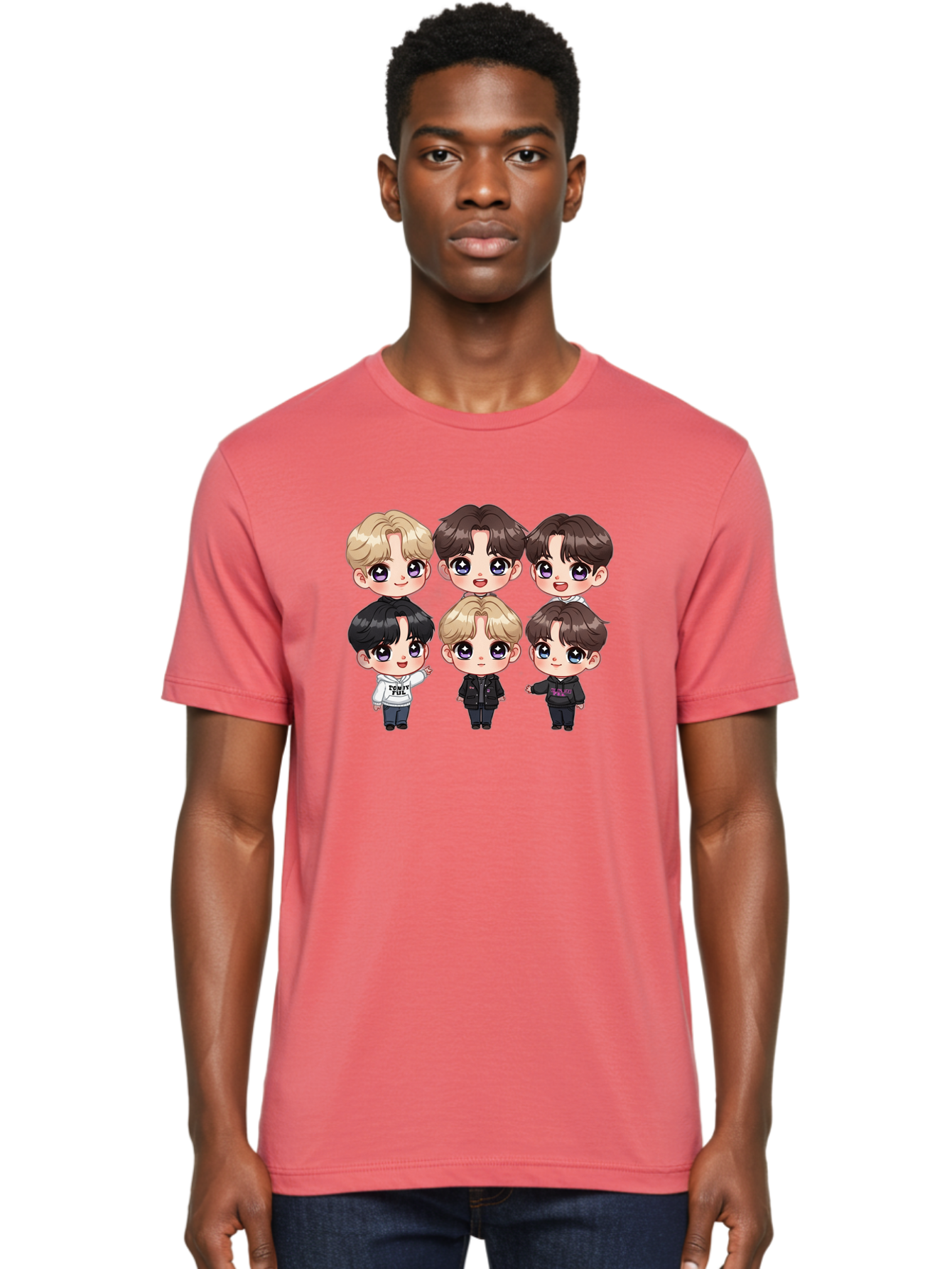 Bts-Cartoon-Characters Men'S Graphic Tee, 100% Cotton, Comfortable Casual Summer Wear, Machine Washable, K-Pop Chibi Characters, Cartoon Illustration, Bts Members, Chibi Art, Manga Style, Cartoon Characters, K-Pop Fans, Digital Art, Bab696