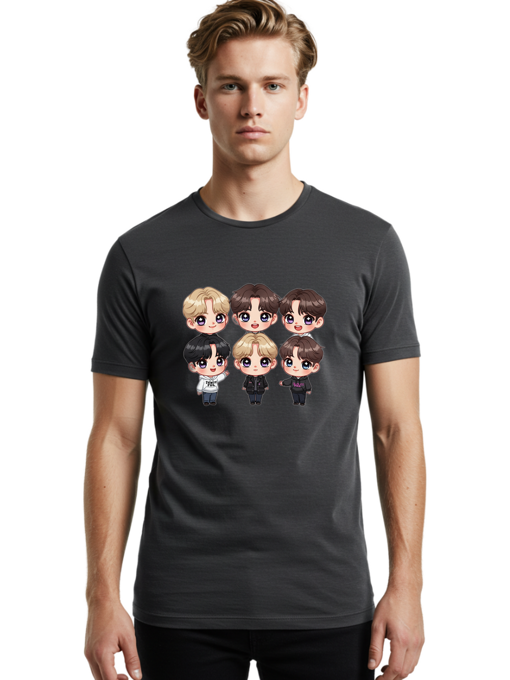 Bts-Cartoon-Characters Men'S Graphic Tee, 100% Cotton, Comfortable Casual Summer Wear, Machine Washable, K-Pop Chibi Characters, Cartoon Illustration, Bts Members, Chibi Art, Manga Style, Cartoon Characters, K-Pop Fans, Digital Art, Bab696