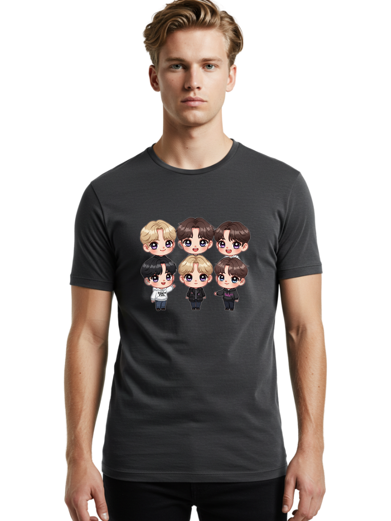 Bts-Cartoon-Characters Men'S Graphic Tee, 100% Cotton, Comfortable Casual Summer Wear, Machine Washable, K-Pop Chibi Characters, Cartoon Illustration, Bts Members, Chibi Art, Manga Style, Cartoon Characters, K-Pop Fans, Digital Art, Bab696