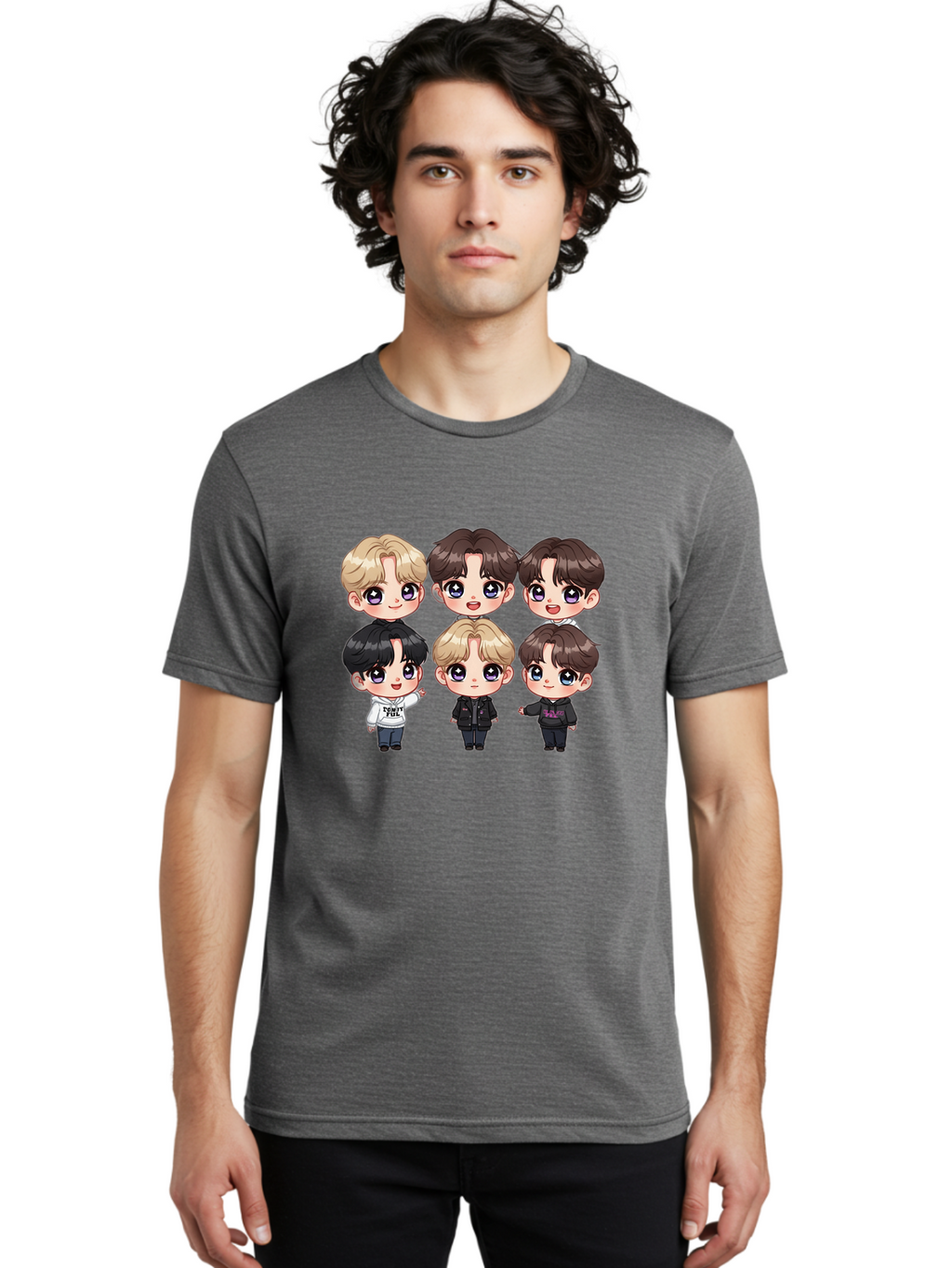 Bts-Cartoon-Characters Men'S Graphic Tee, 100% Cotton, Comfortable Casual Summer Wear, Machine Washable, K-Pop Chibi Characters, Cartoon Illustration, Bts Members, Chibi Art, Manga Style, Cartoon Characters, K-Pop Fans, Digital Art, Bab696