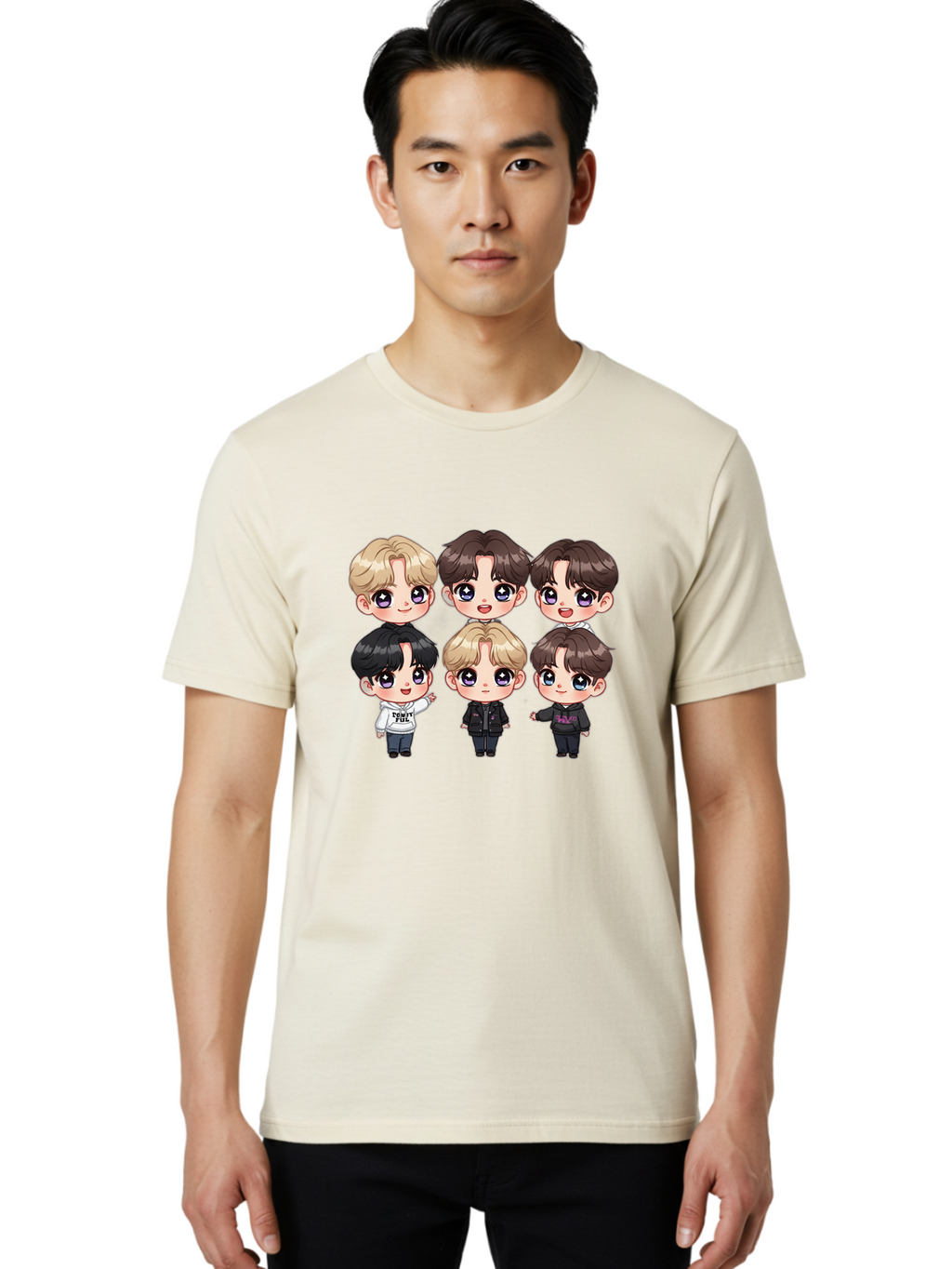 Bts-Cartoon-Characters Men'S Graphic Tee, 100% Cotton, Comfortable Casual Summer Wear, Machine Washable, K-Pop Chibi Characters, Cartoon Illustration, Bts Members, Chibi Art, Manga Style, Cartoon Characters, K-Pop Fans, Digital Art, Bab696
