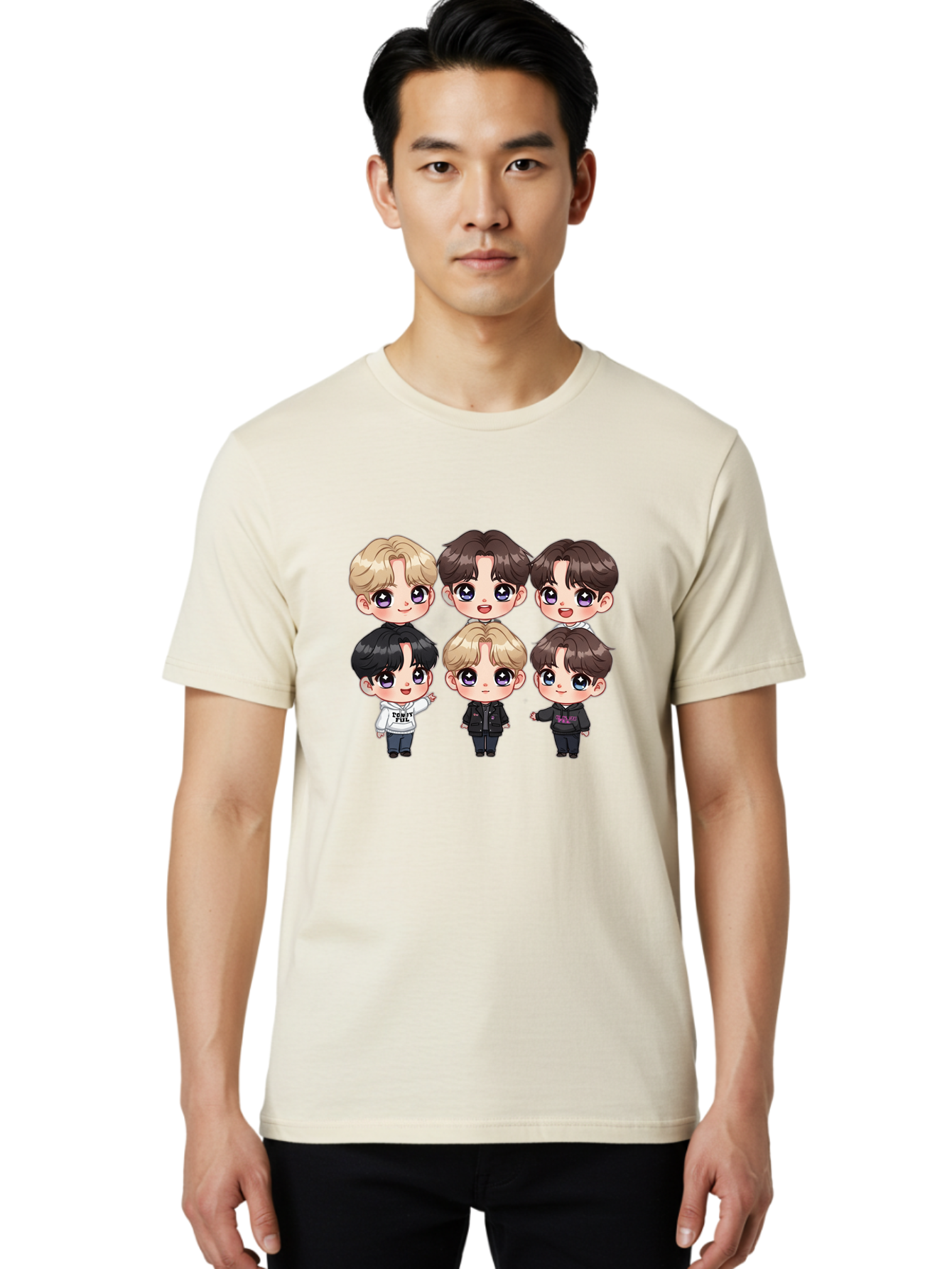 Bts-Cartoon-Characters Men'S Graphic Tee, 100% Cotton, Comfortable Casual Summer Wear, Machine Washable, K-Pop Chibi Characters, Cartoon Illustration, Bts Members, Chibi Art, Manga Style, Cartoon Characters, K-Pop Fans, Digital Art, Bab696