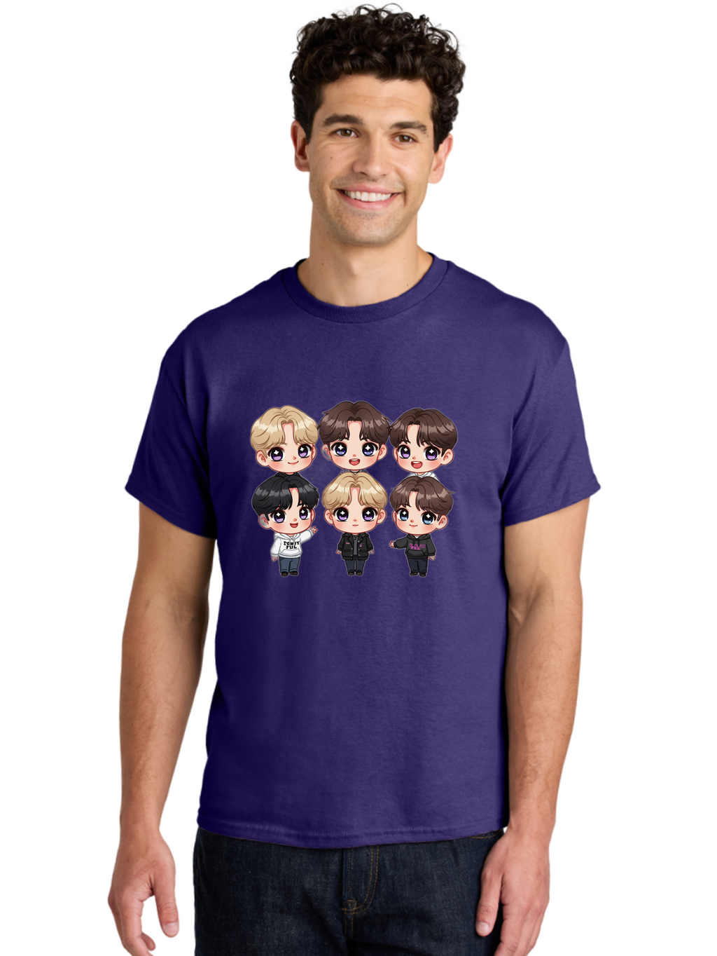Bts-Cartoon-Characters Men'S Graphic Tee, 100% Cotton, Comfortable Casual Summer Wear, Machine Washable, K-Pop Chibi Characters, Cartoon Illustration, Bts Members, Chibi Art, Manga Style, Cartoon Characters, K-Pop Fans, Digital Art, Bab696