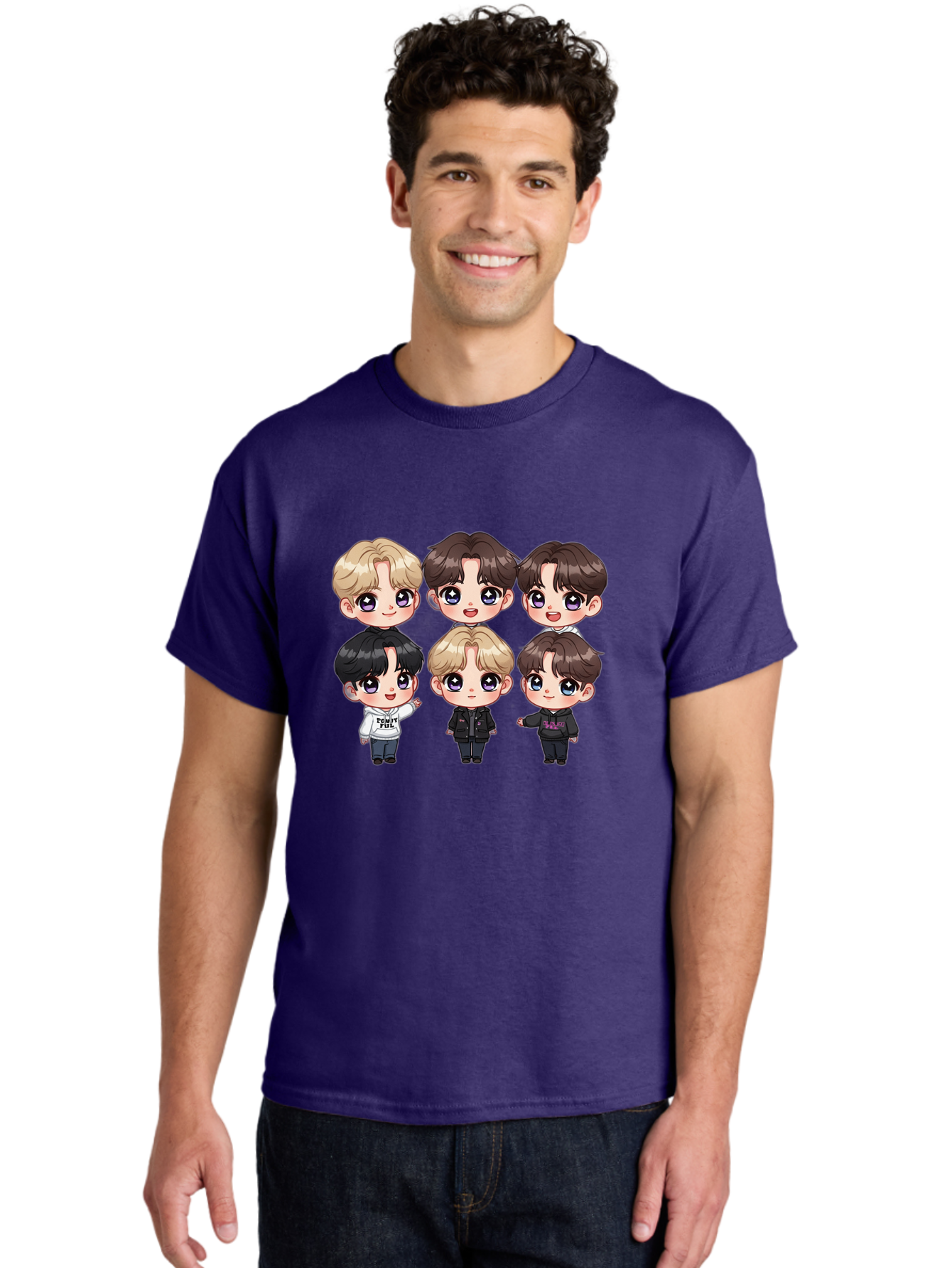 Bts-Cartoon-Characters Men'S Graphic Tee, 100% Cotton, Comfortable Casual Summer Wear, Machine Washable, K-Pop Chibi Characters, Cartoon Illustration, Bts Members, Chibi Art, Manga Style, Cartoon Characters, K-Pop Fans, Digital Art, Bab696