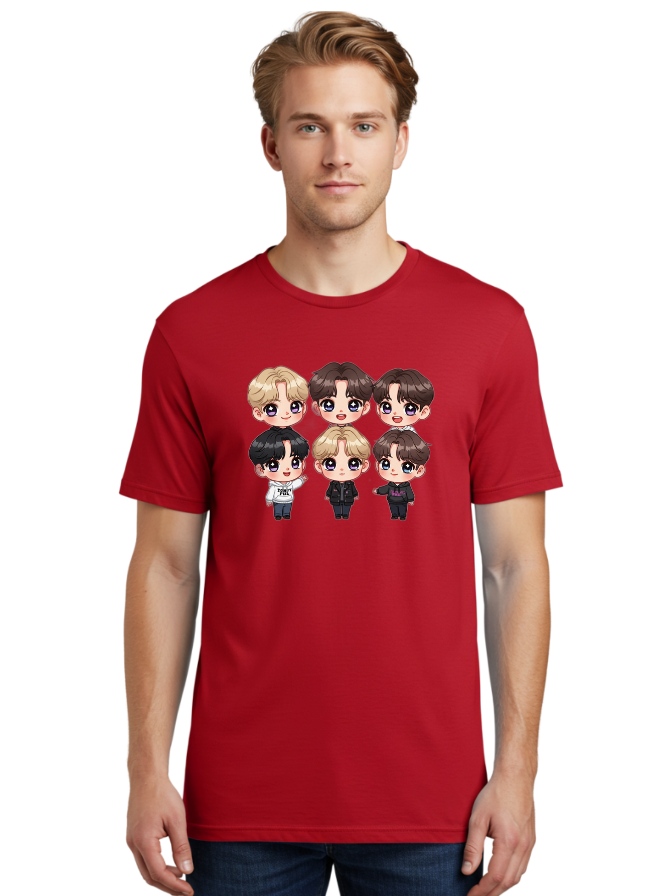 Bts-Cartoon-Characters Men'S Graphic Tee, 100% Cotton, Comfortable Casual Summer Wear, Machine Washable, K-Pop Chibi Characters, Cartoon Illustration, Bts Members, Chibi Art, Manga Style, Cartoon Characters, K-Pop Fans, Digital Art, Bab696
