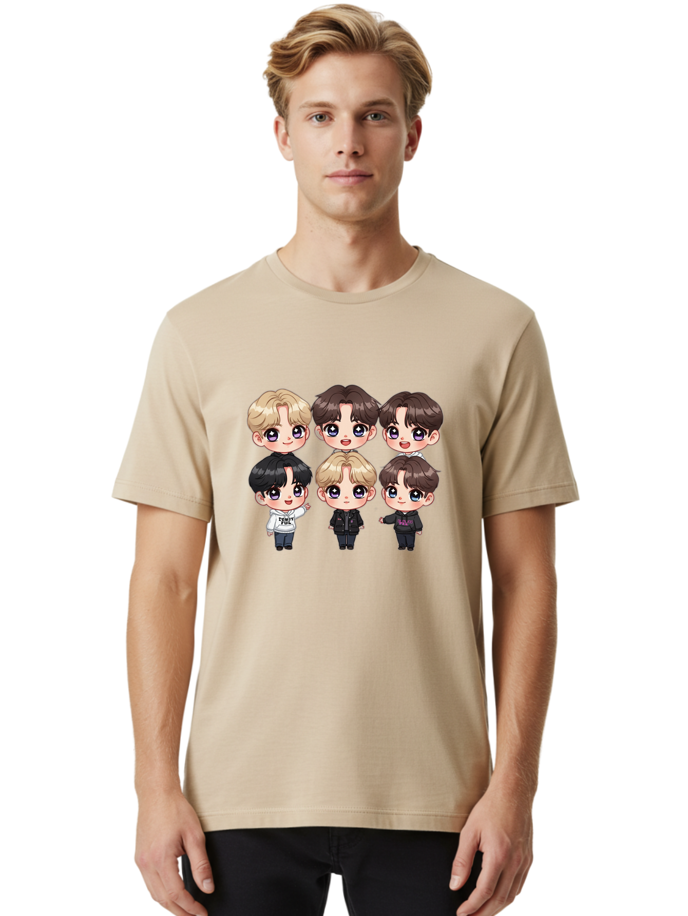 Bts-Cartoon-Characters Men'S Graphic Tee, 100% Cotton, Comfortable Casual Summer Wear, Machine Washable, K-Pop Chibi Characters, Cartoon Illustration, Bts Members, Chibi Art, Manga Style, Cartoon Characters, K-Pop Fans, Digital Art, Bab696