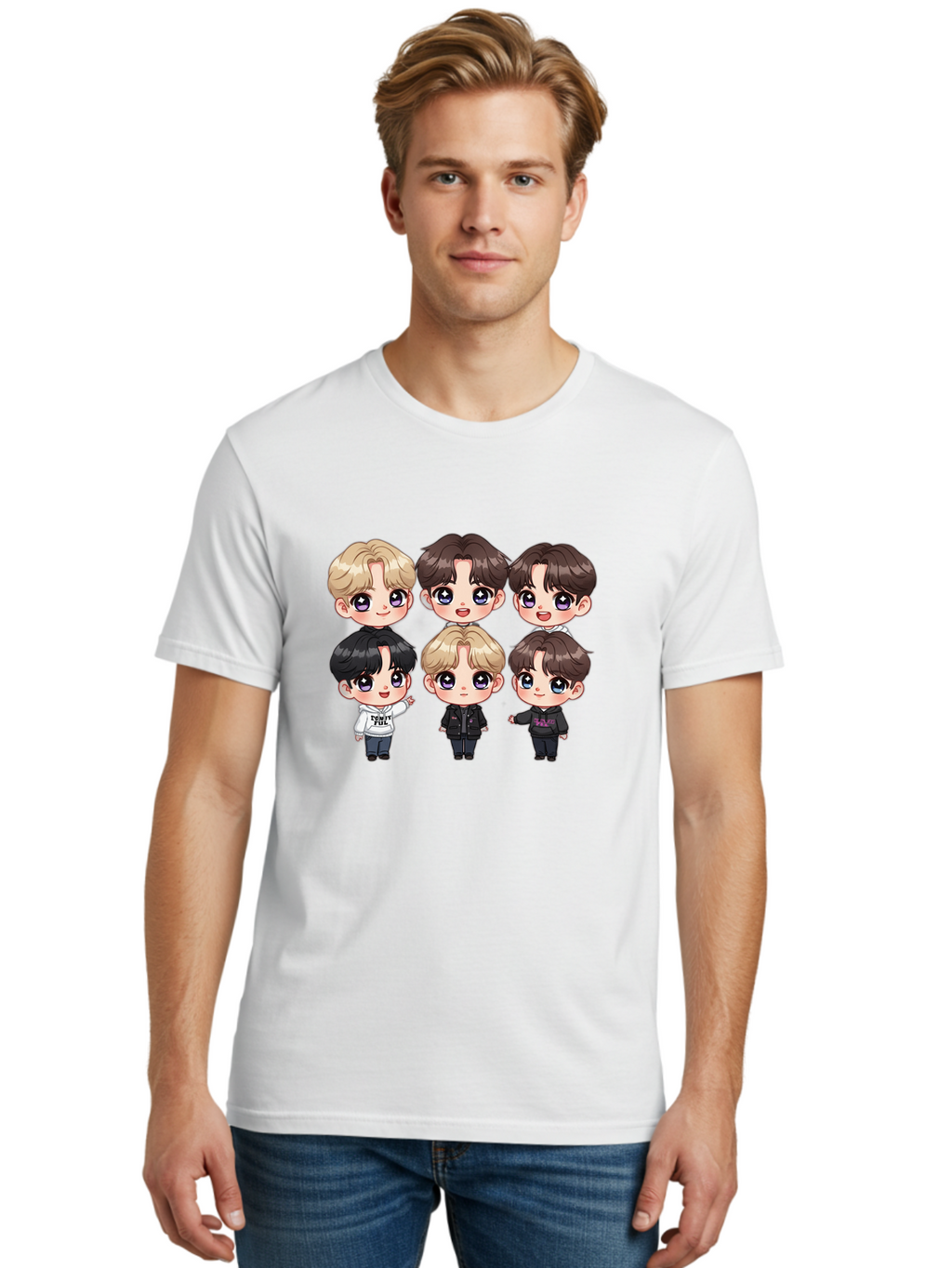 Bts-Cartoon-Characters Men'S Graphic Tee, 100% Cotton, Comfortable Casual Summer Wear, Machine Washable, K-Pop Chibi Characters, Cartoon Illustration, Bts Members, Chibi Art, Manga Style, Cartoon Characters, K-Pop Fans, Digital Art, Bab696