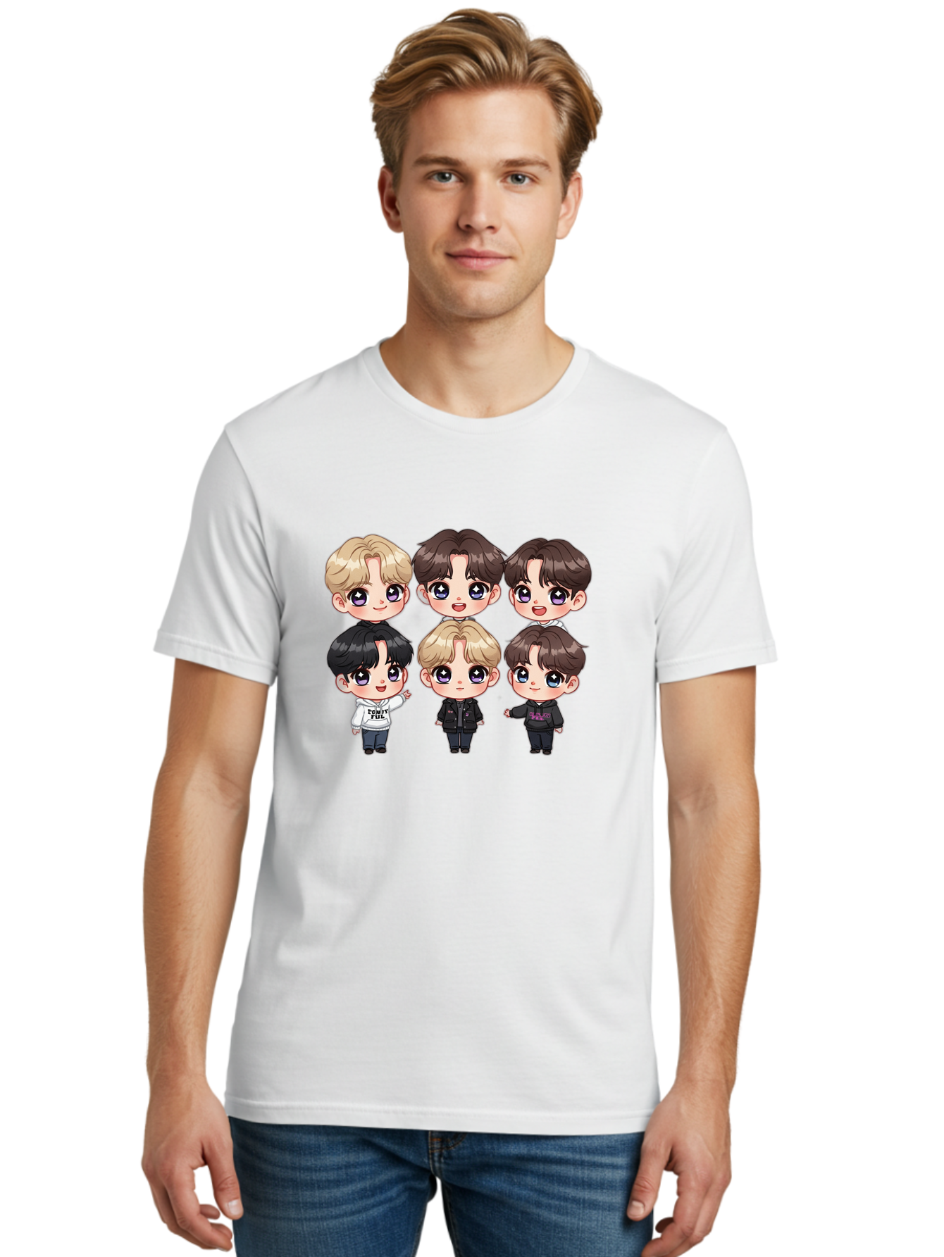 Bts-Cartoon-Characters Men'S Graphic Tee, 100% Cotton, Comfortable Casual Summer Wear, Machine Washable, K-Pop Chibi Characters, Cartoon Illustration, Bts Members, Chibi Art, Manga Style, Cartoon Characters, K-Pop Fans, Digital Art, Bab696