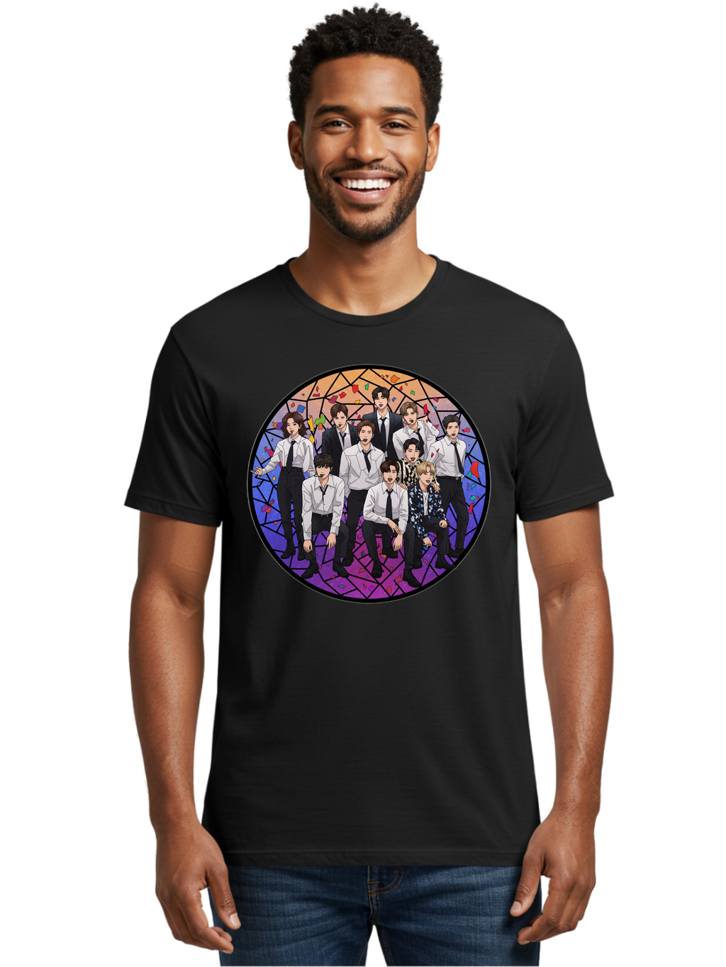 Bts-Group-Portrait Men'S Graphic Tee, 100% Cotton, Comfortable Casual Summer Wear, Machine Washable, K-Pop Group, Bts Members, Stained Glass Art, Formal Attire, White Shirts, Black Ties, K-Pop Fashion, Group Portrait, Colorful Background, Bab697